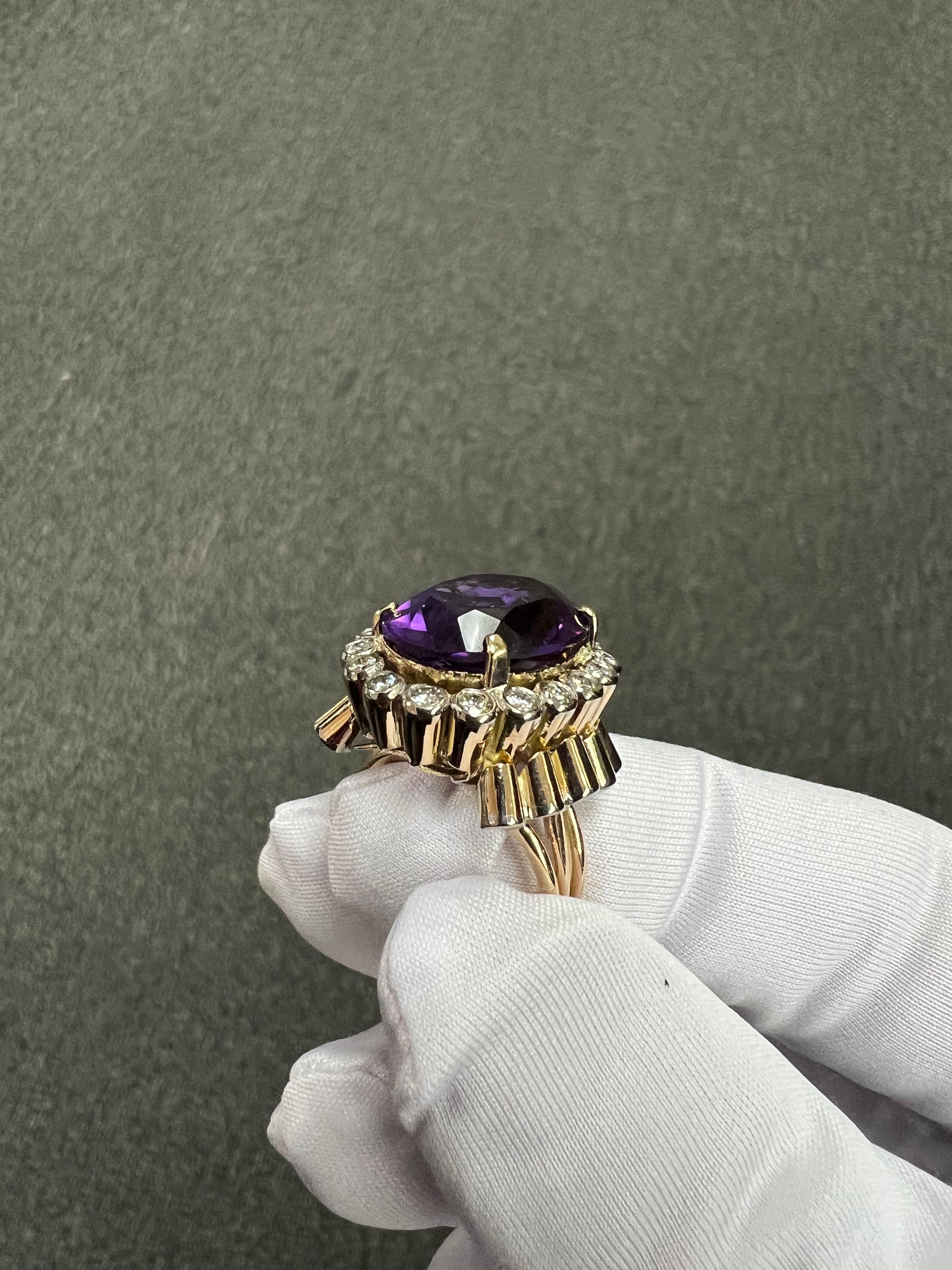 1950s Retro Amethyst Diamond Yellow Gold Cocktail Ring For Sale 8