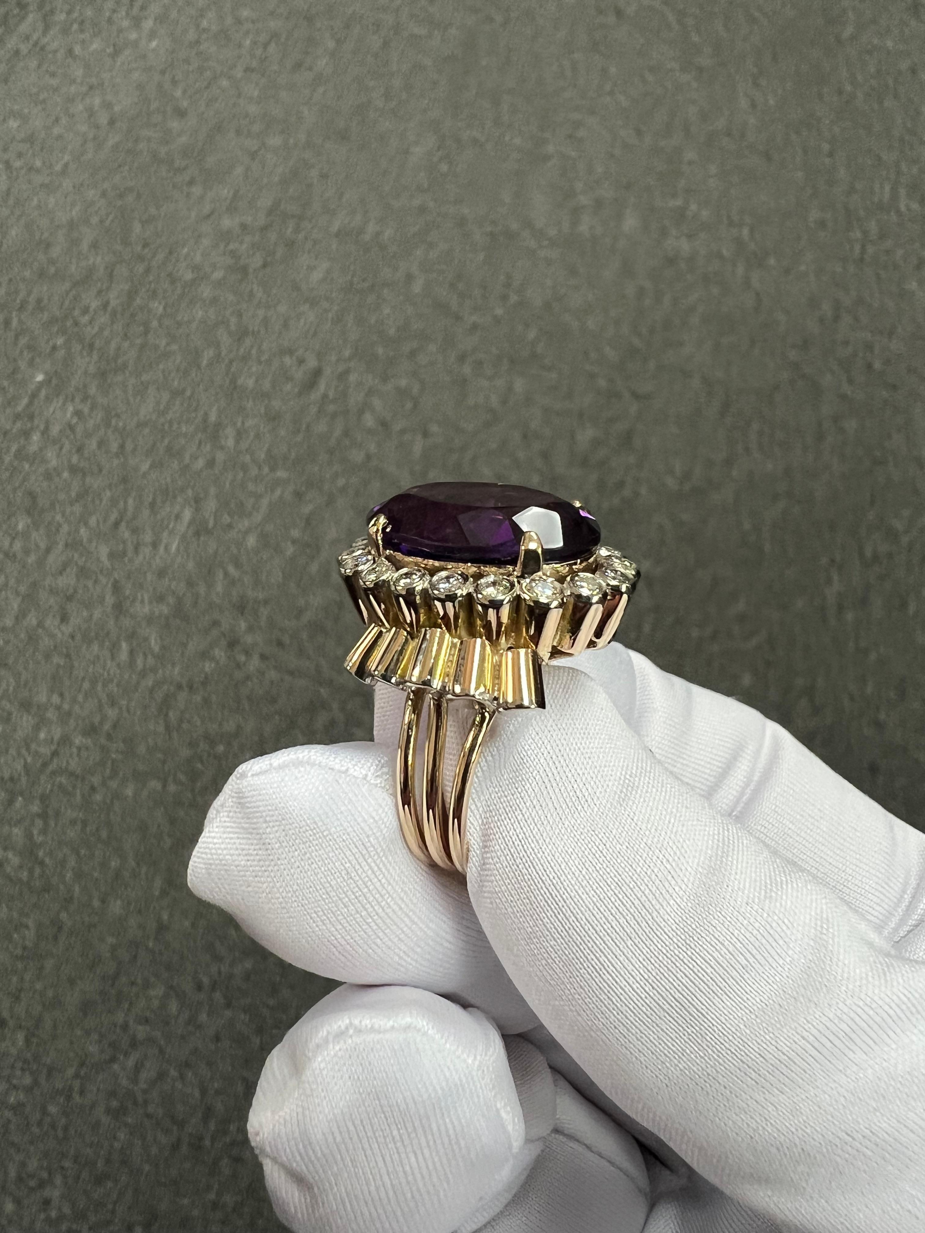 1950s Retro Amethyst Diamond Yellow Gold Cocktail Ring For Sale 9