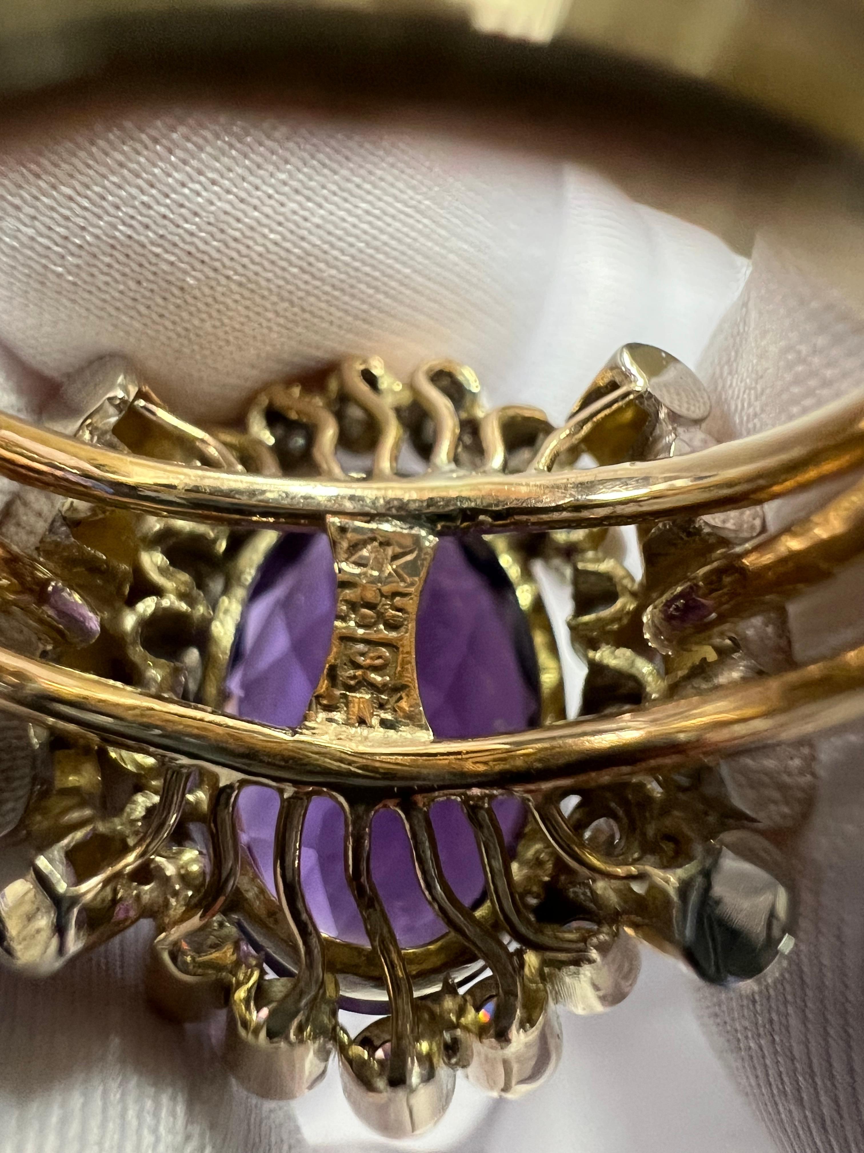 1950s Retro Amethyst Diamond Yellow Gold Cocktail Ring For Sale 11