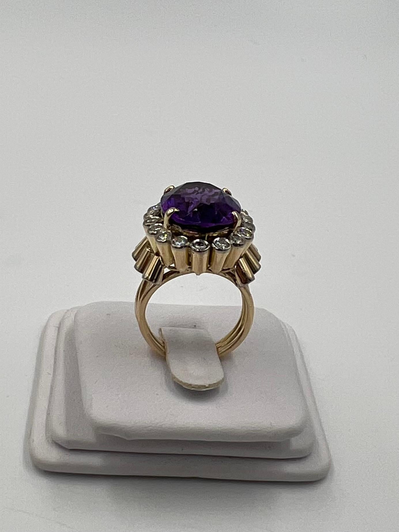1950s Retro Amethyst Diamond Yellow Gold Cocktail Ring For Sale 2