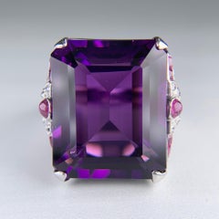 1950's Retro Amethyst, Ruby and Old Mine Cut Diamond Statement Ring Palladium