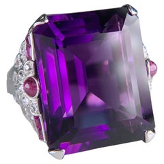 1950's Retro Amethyst, Ruby and Old Mine Cut Diamond Statement Ring Palladium
