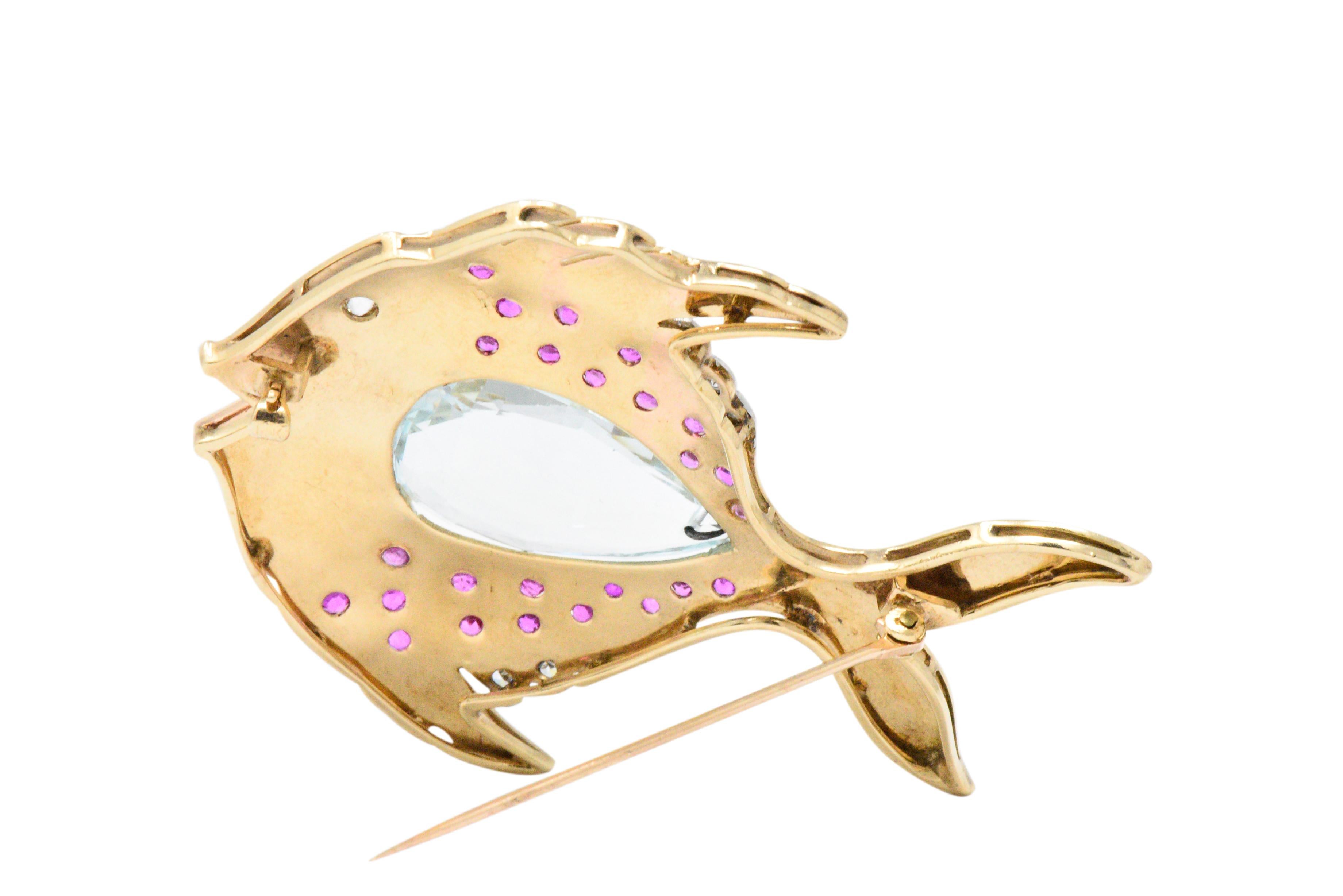 Women's or Men's 1950s Retro Aquamarine Ruby Diamond 14 Karat Gold Platinum Fish Brooch