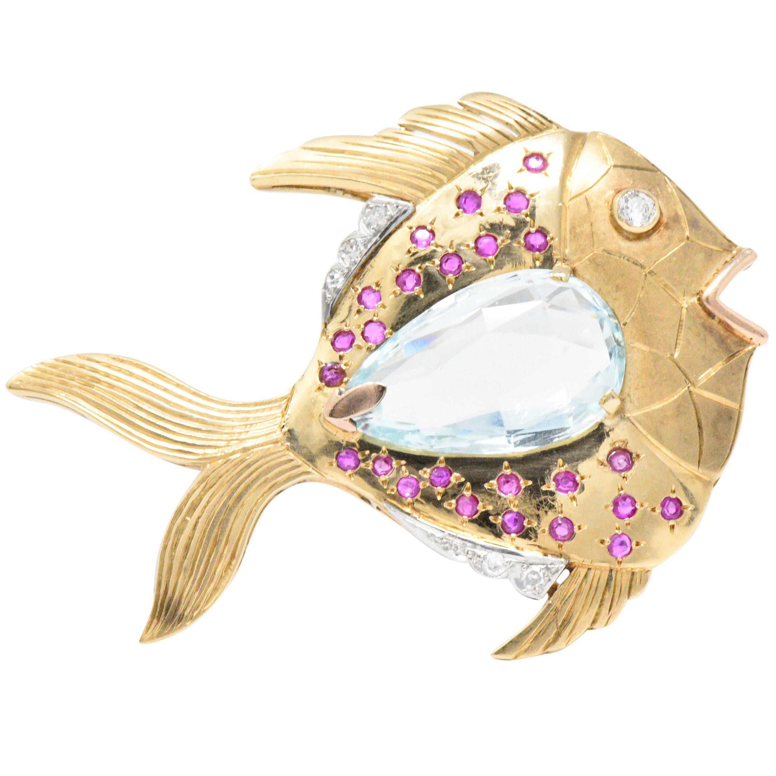 1950s Retro Aquamarine Ruby Diamond 14 Karat Gold Platinum Fish Brooch