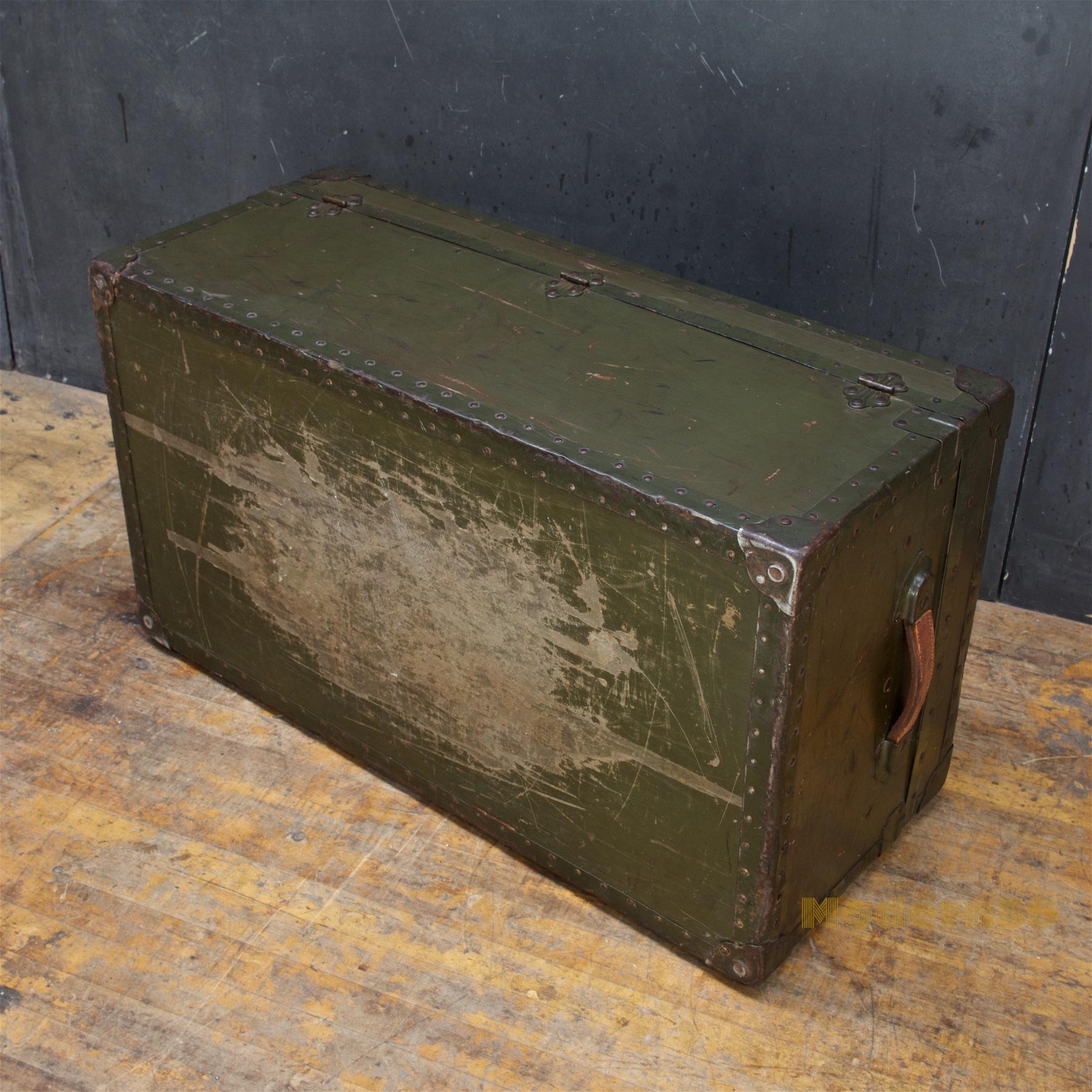Mid-20th Century 1950s Retro Army Green Summer Camp Trunk Camper Steamer Prop Table Storage Bus
