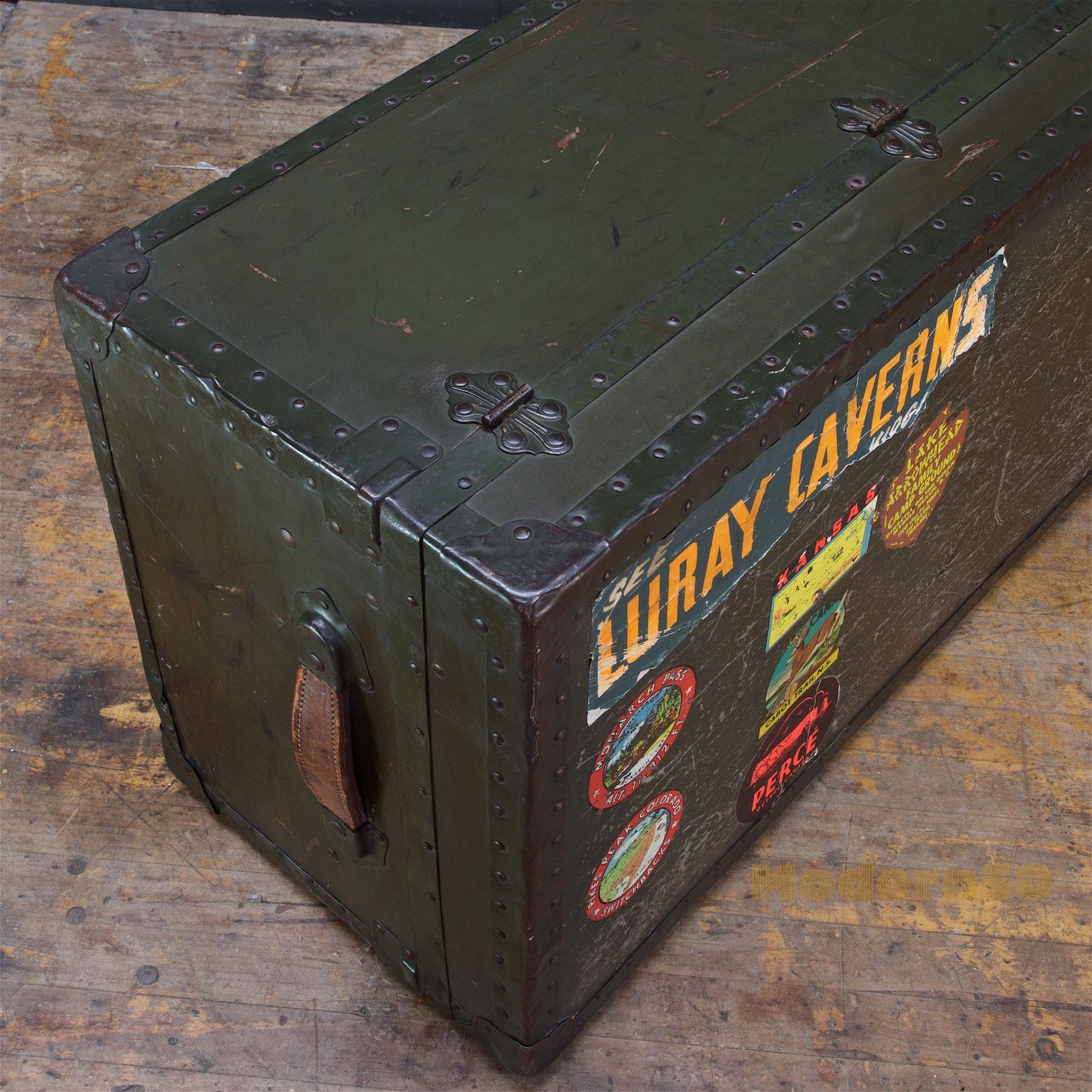 Mid-Century Modern 1950s Retro Army Green Summer Camp Trunk Camper Steamer Prop Table Storage Bus