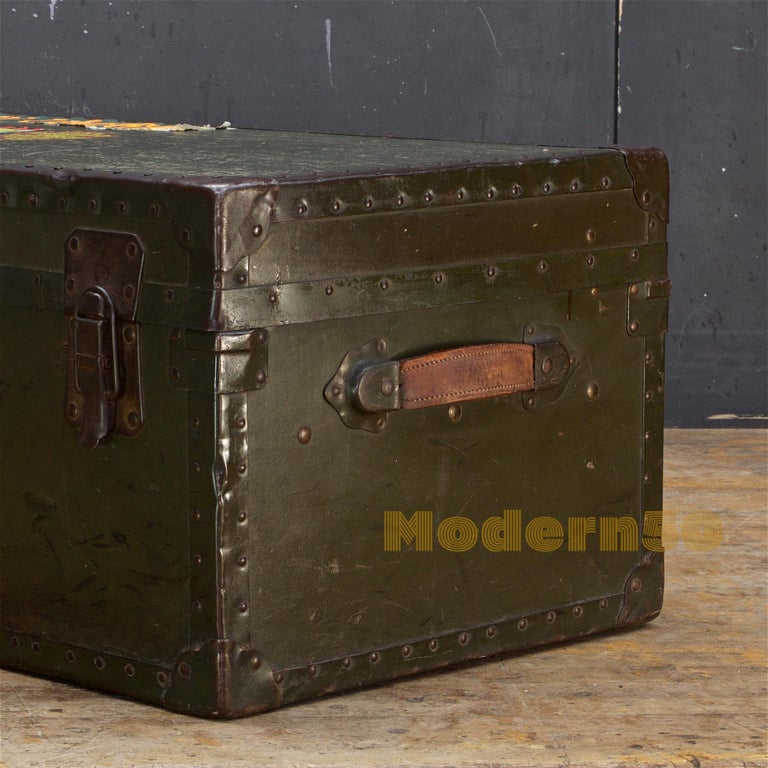 Vintage Concourse Steamer Trunk wood lining forest green travel luggage  storage