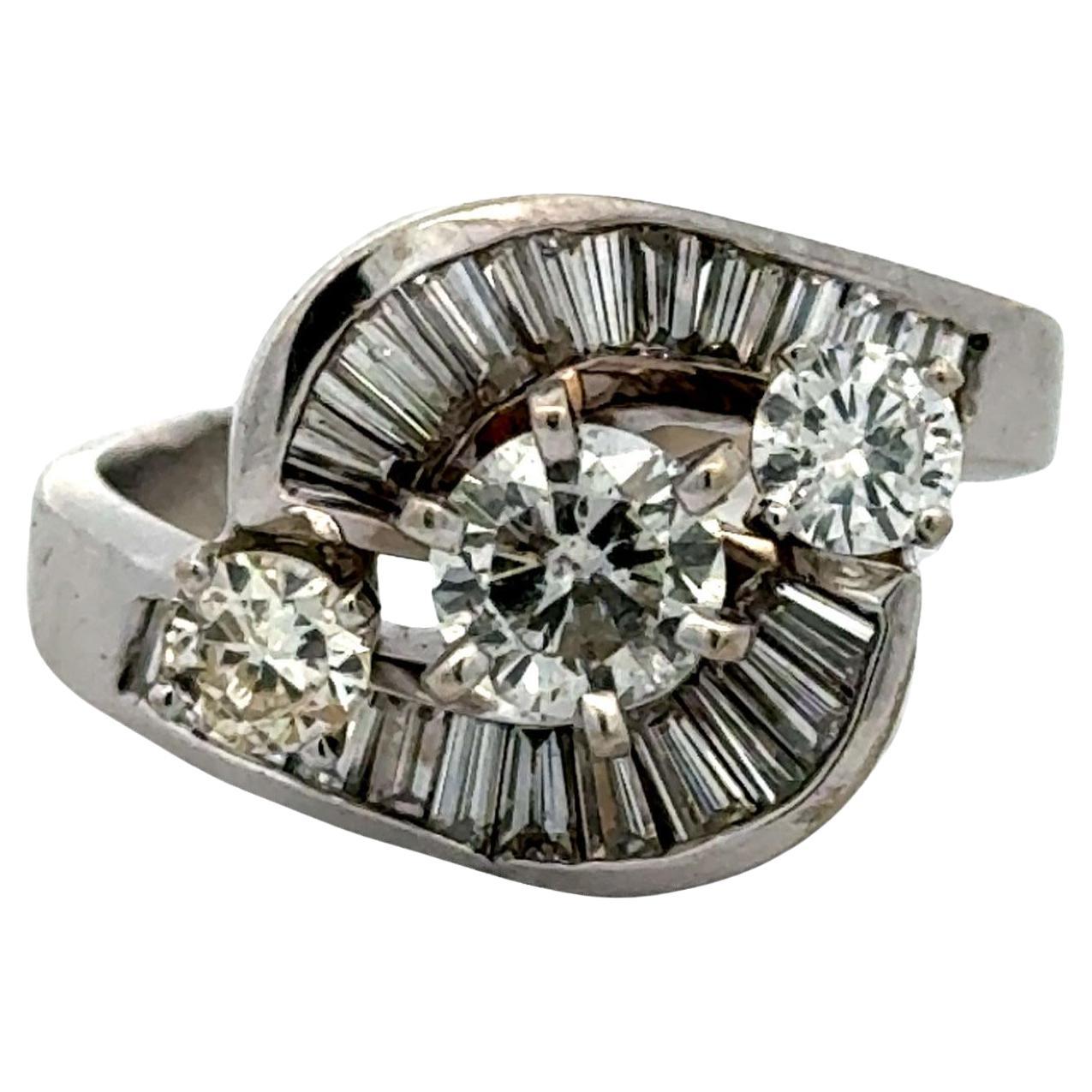 1950's Retro Baguette & Round Brilliant Diamond 18 Karat White Gold Vintage Ring