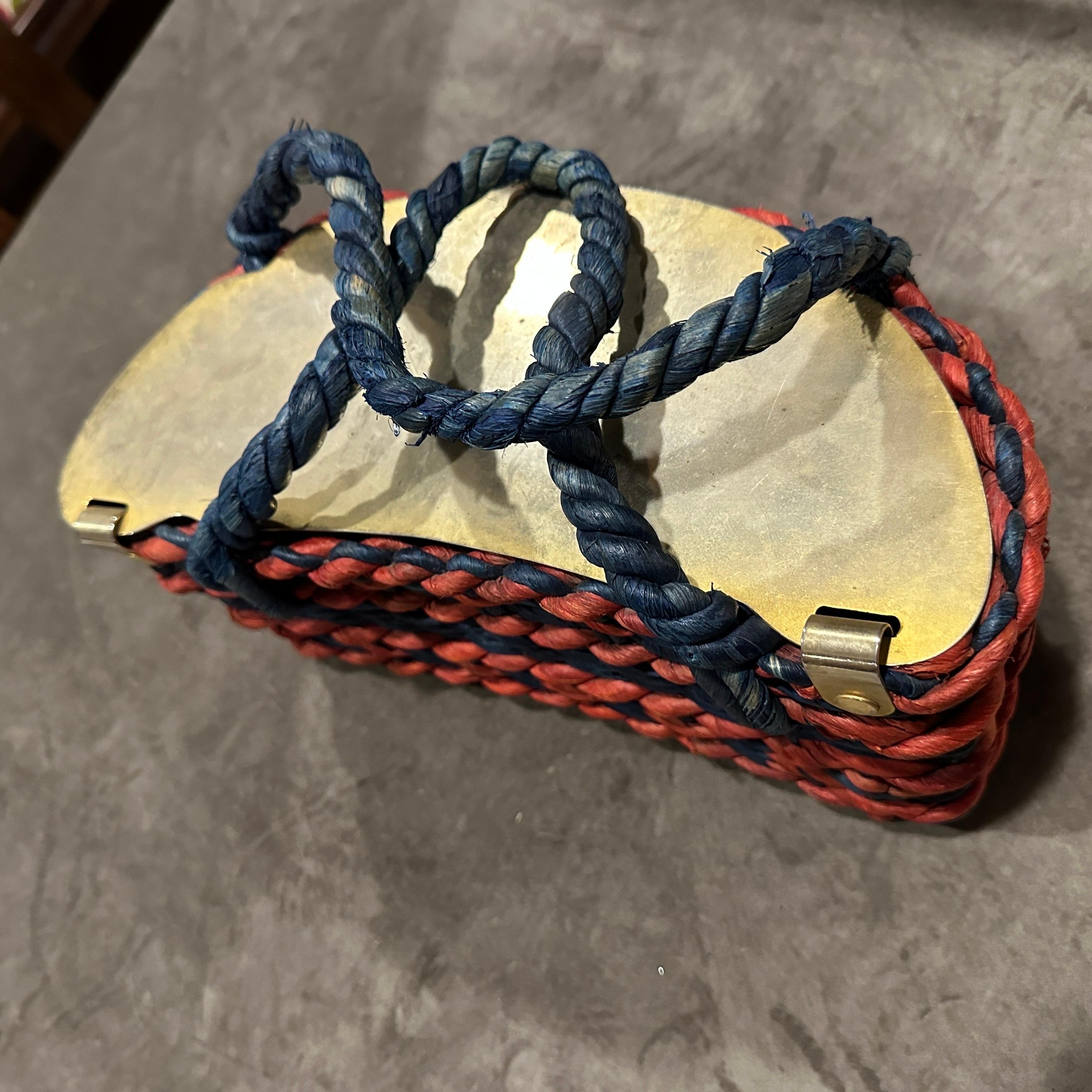 1950s Retro Chic Blue Red Woven and Gold Italian Top Handle Bag in vendita 5