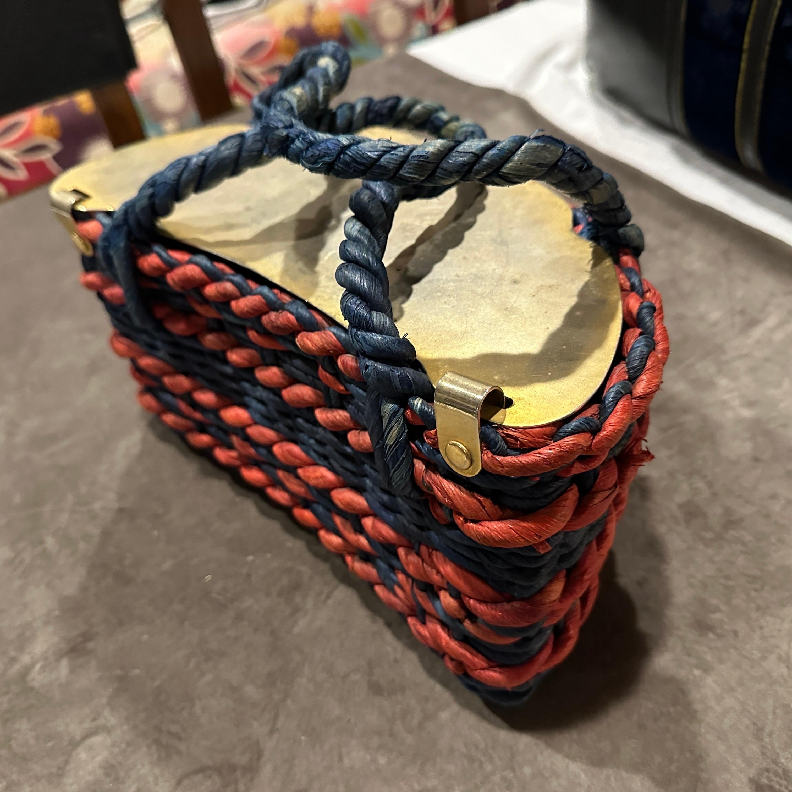 1950s Retro Chic Blue Red Woven and Gold Italian Top Handle Bag in vendita 1