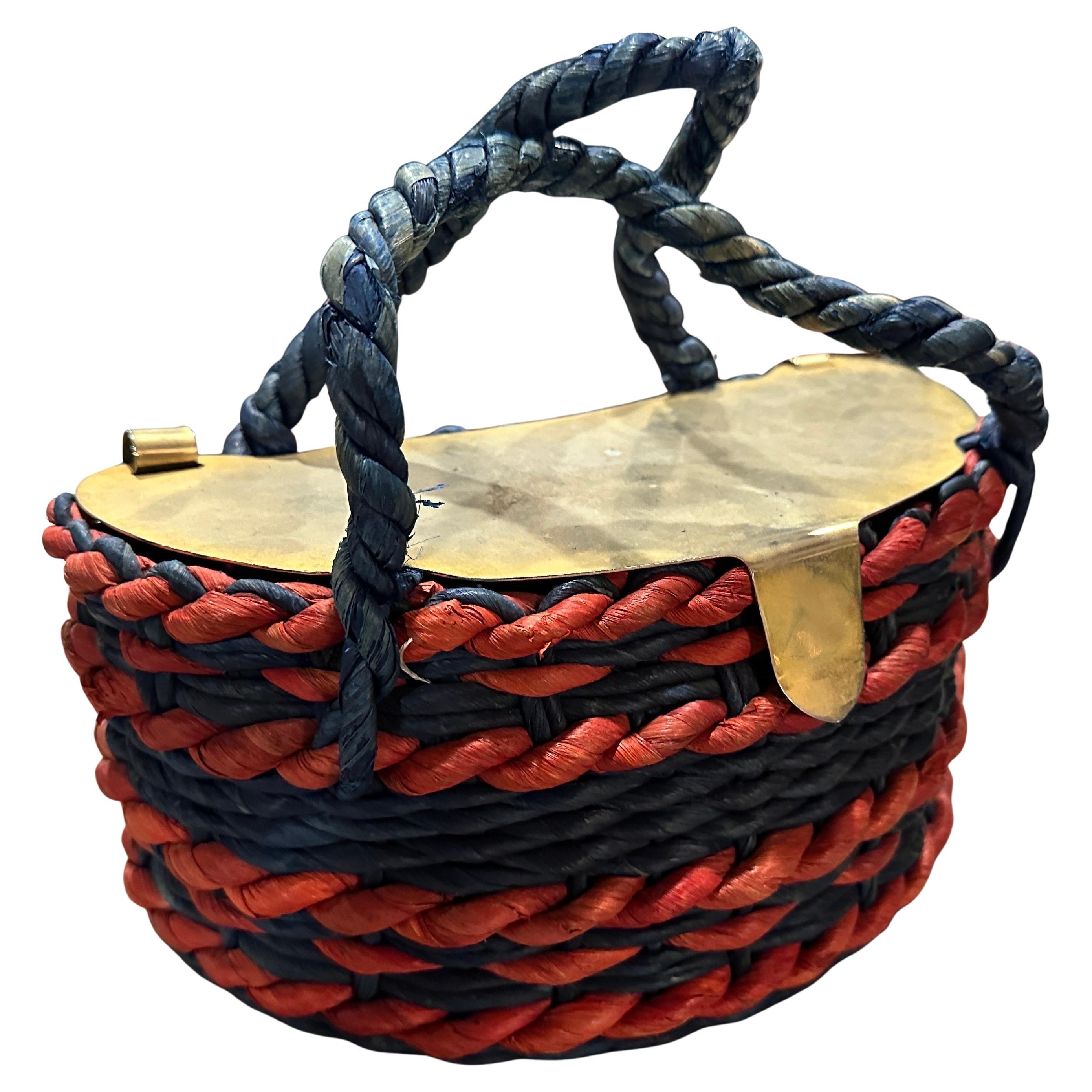 1950s Retro Chic Blue Red Woven and Gold Italian Top Handle Bag in vendita