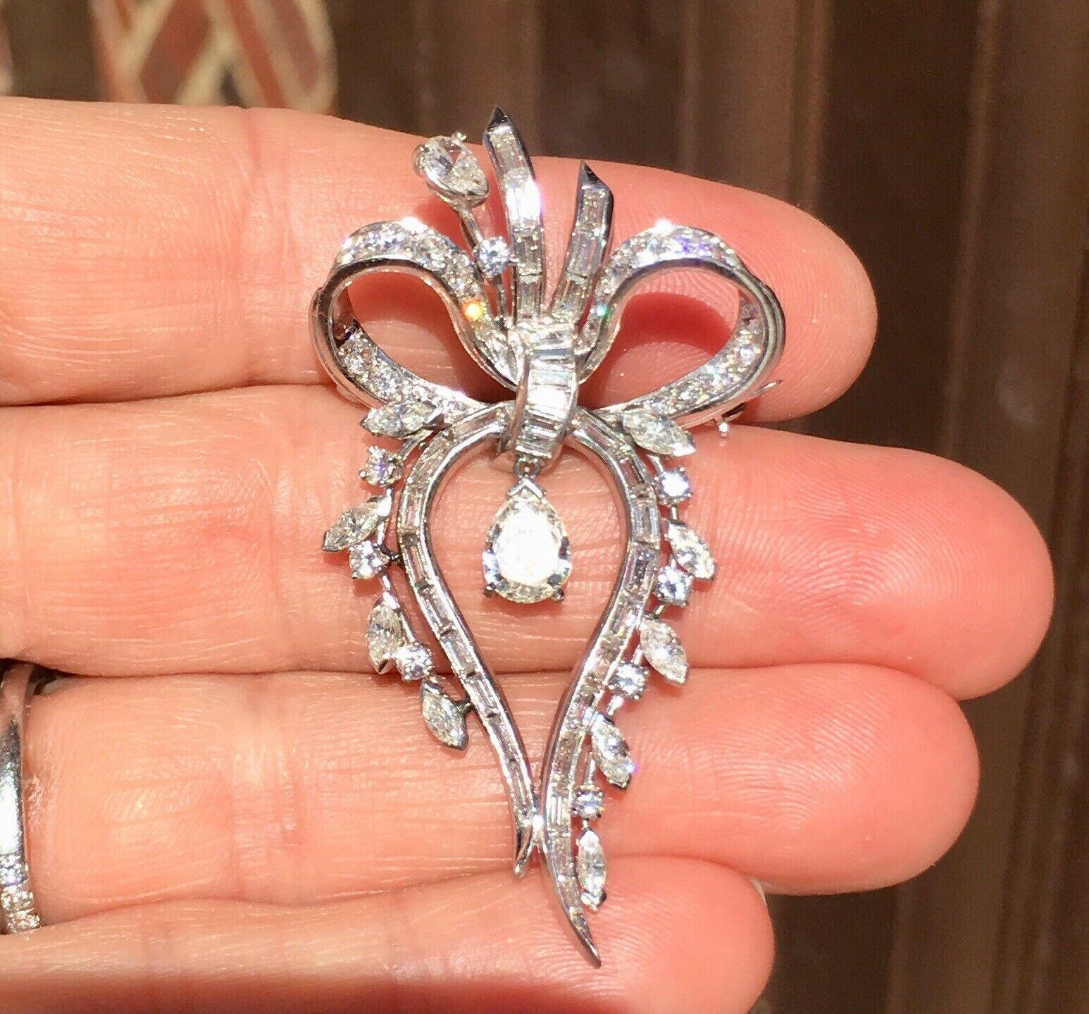 1950s Retro Deco Platinum 3 Carat G/VS Diamond Brooch Pin Necklace Pendant For Sale 1