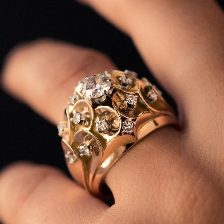 1950s Retro Diamond 18 Karat Yellow Gold Scale Dome Ring For Sale at