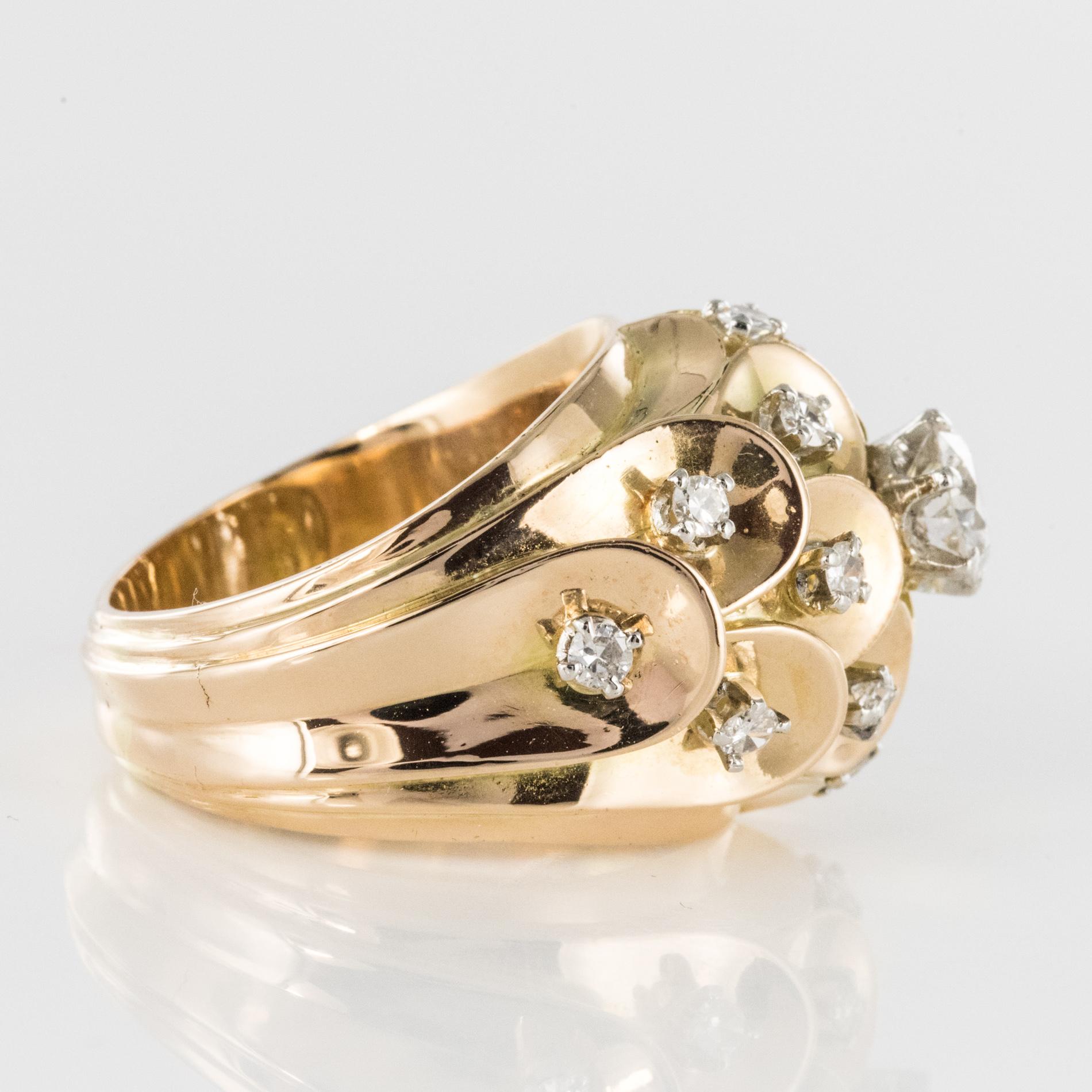 1950s Retro Diamond 18 Karat Yellow Gold Scale Dome Ring For Sale 3