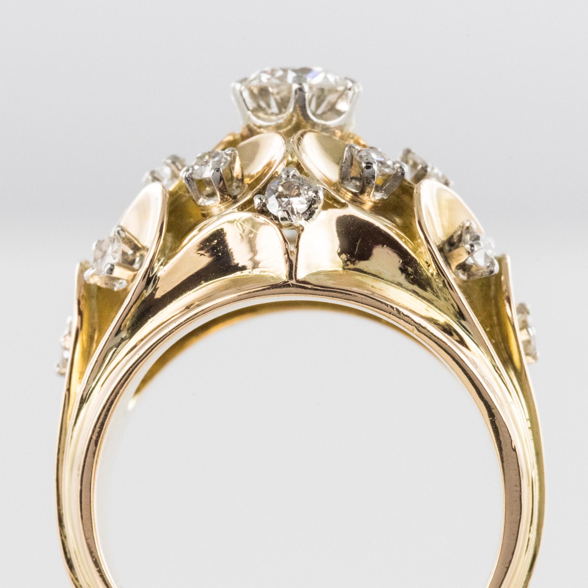 1950s Retro Diamond 18 Karat Yellow Gold Scale Dome Ring For Sale 5