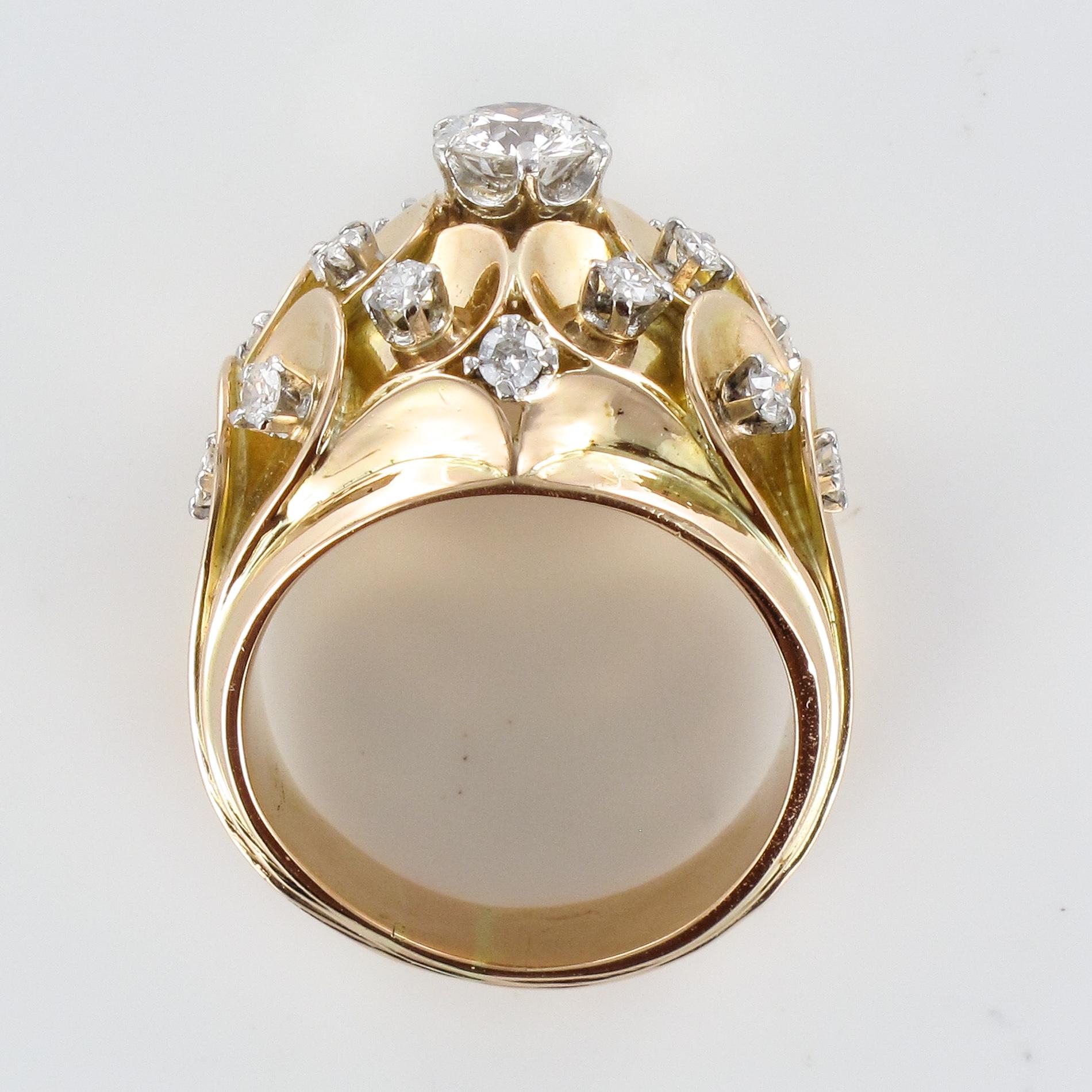 1950s Retro Diamond 18 Karat Yellow Gold Scale Dome Ring For Sale 7