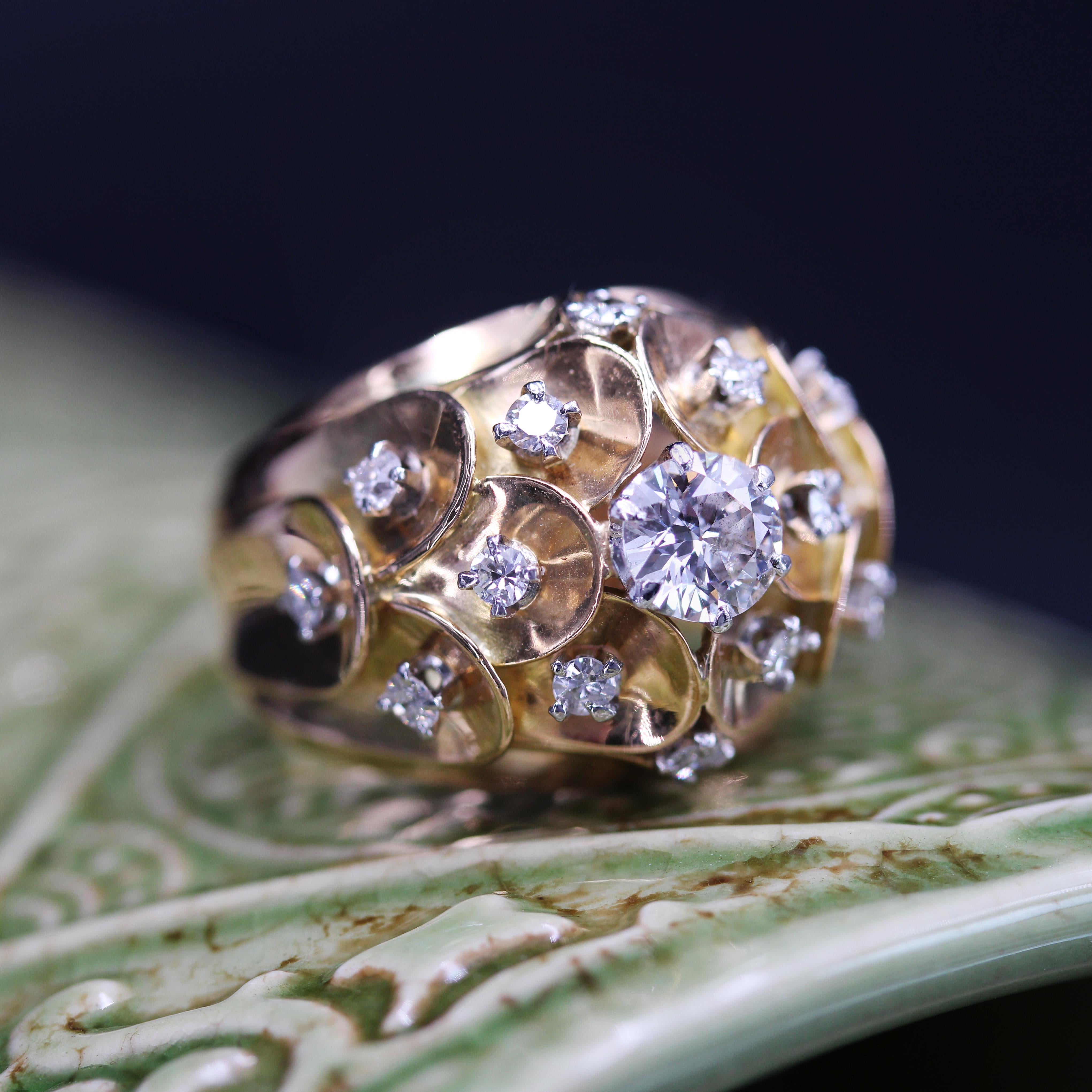 Bague rtro  dme en or jaune 18 carats avec diamants, annes 1950 Bon état - En vente à Poitiers, FR