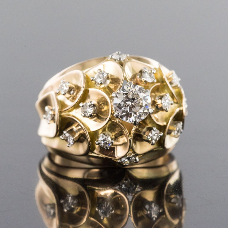 1950s Retro Diamond 18 Karat Yellow Gold Scale Dome Ring For Sale at