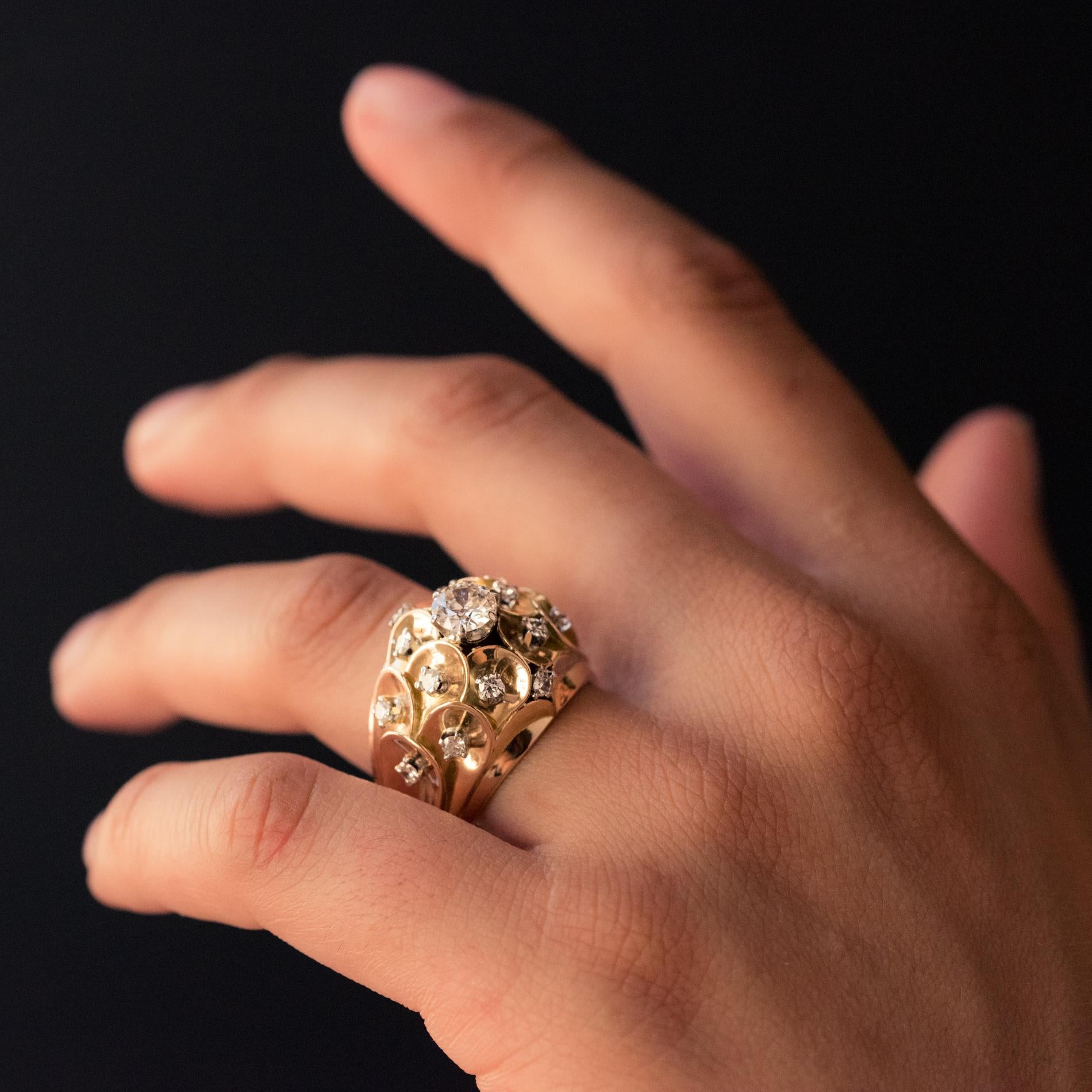 Brilliant Cut 1950s Retro Diamond 18 Karat Yellow Gold Scale Dome Ring For Sale