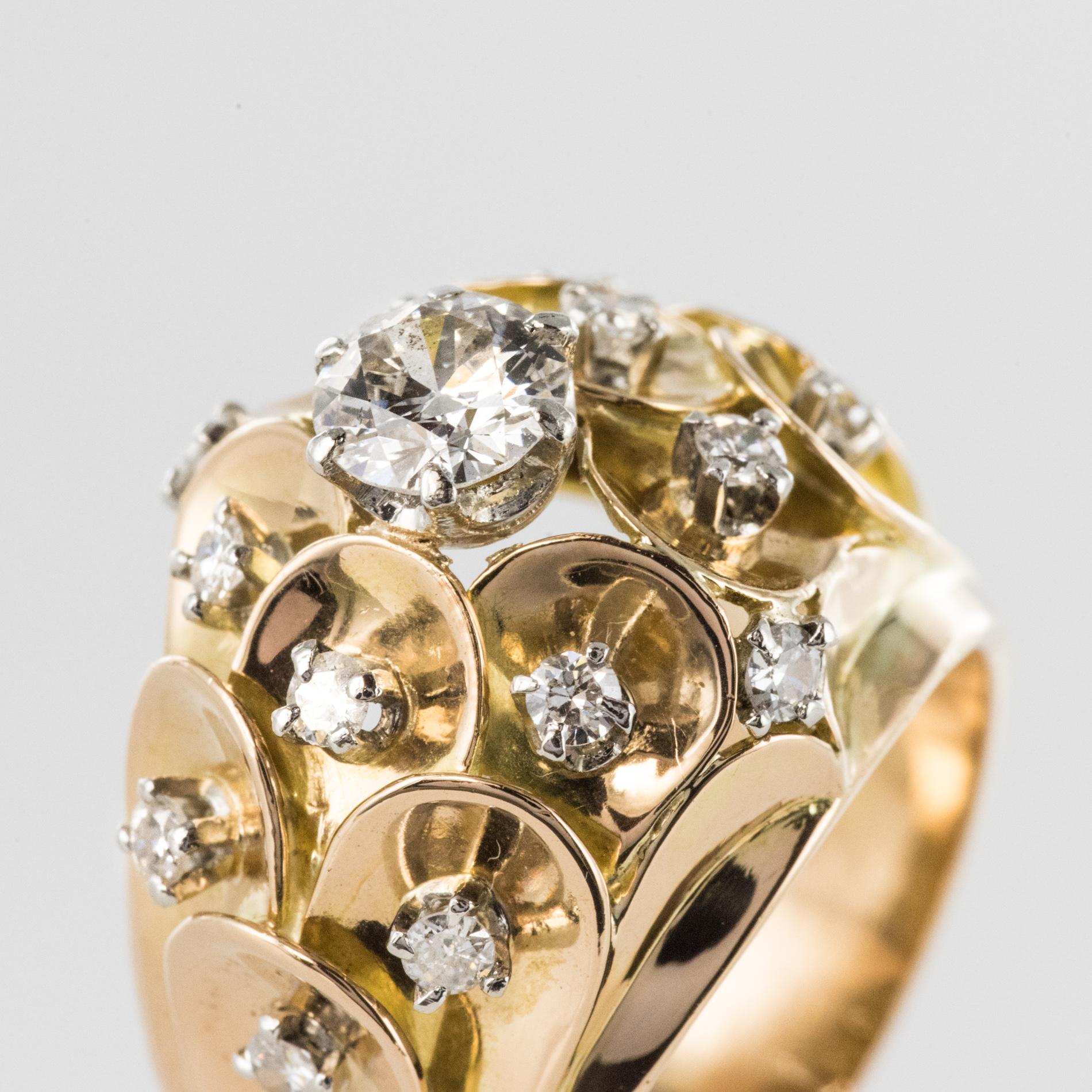 1950s Retro Diamond 18 Karat Yellow Gold Scale Dome Ring In Good Condition For Sale In Poitiers, FR