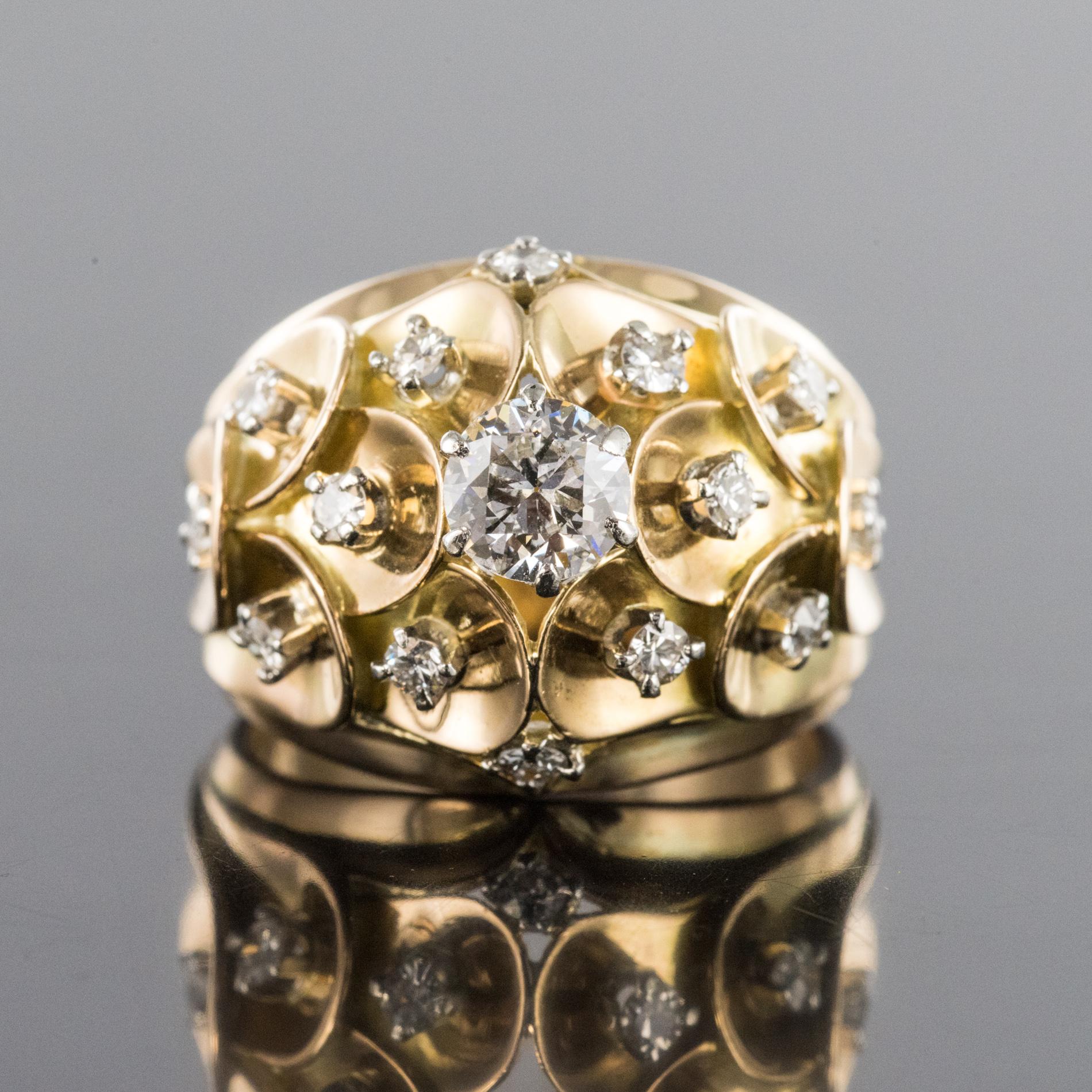 1950s Retro Diamond 18 Karat Yellow Gold Scale Dome Ring For Sale 1