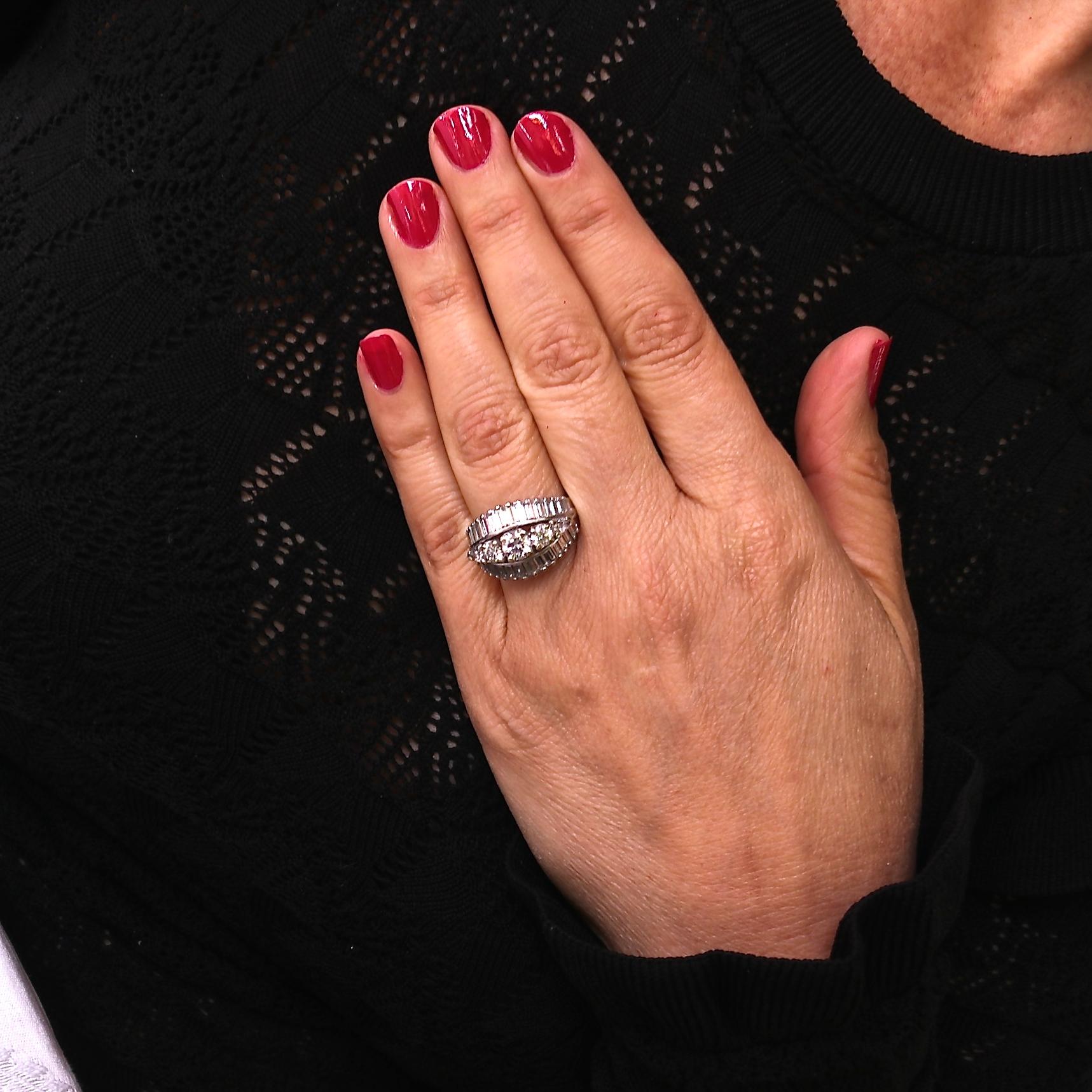 1950s Retro Diamond Platinum Cocktail Ring 1