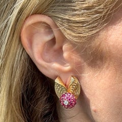 1950's Retro Diamond Ruby 14 Karat Yellow Gold Fan Style Earclip Earrings