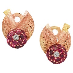 1950's Retro Diamond Ruby 14 Karat Yellow Gold Fan Style Earclip Earrings
