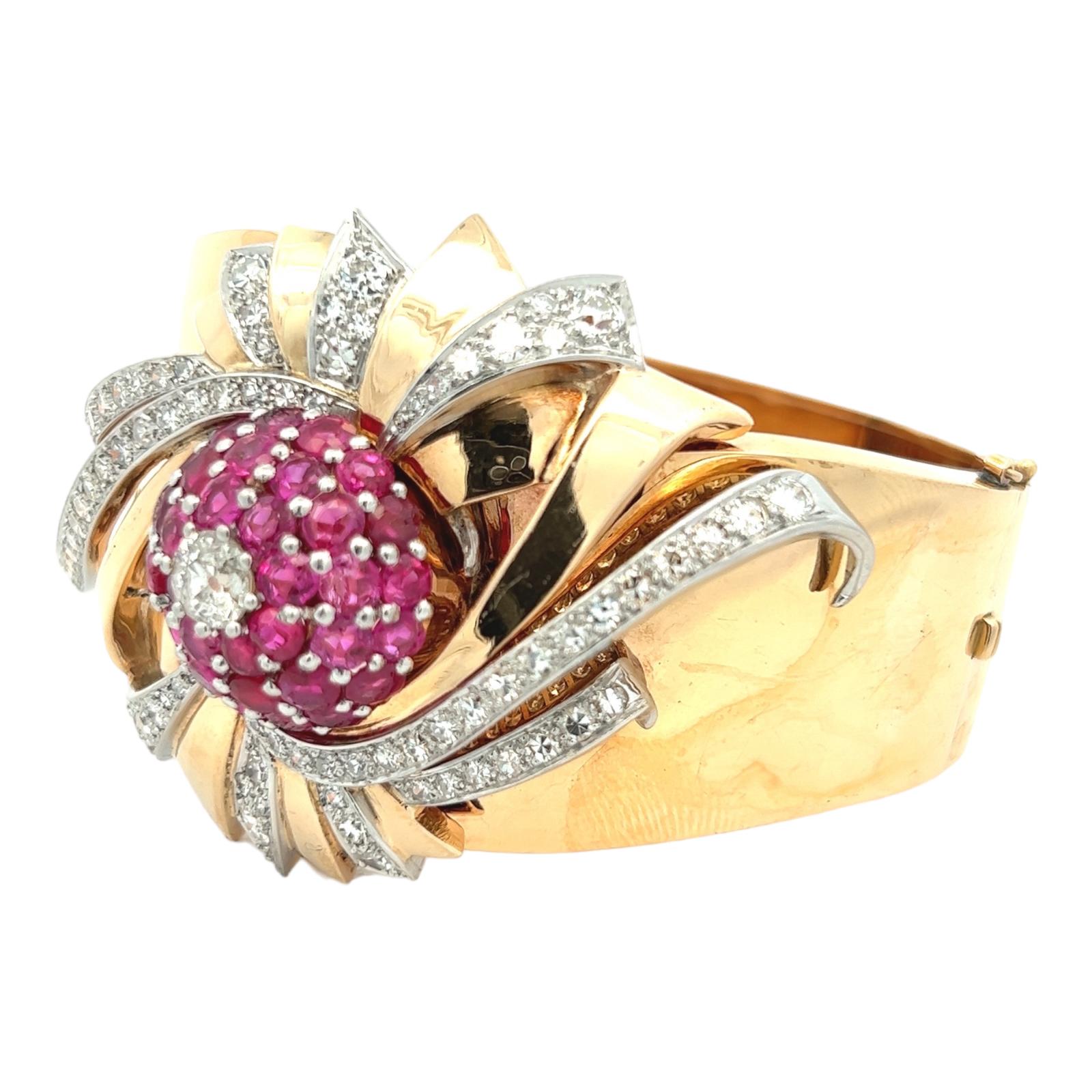 Women's 1950s Retro Diamond Ruby Rose Gold Hinged Bangle Estate Bracelet