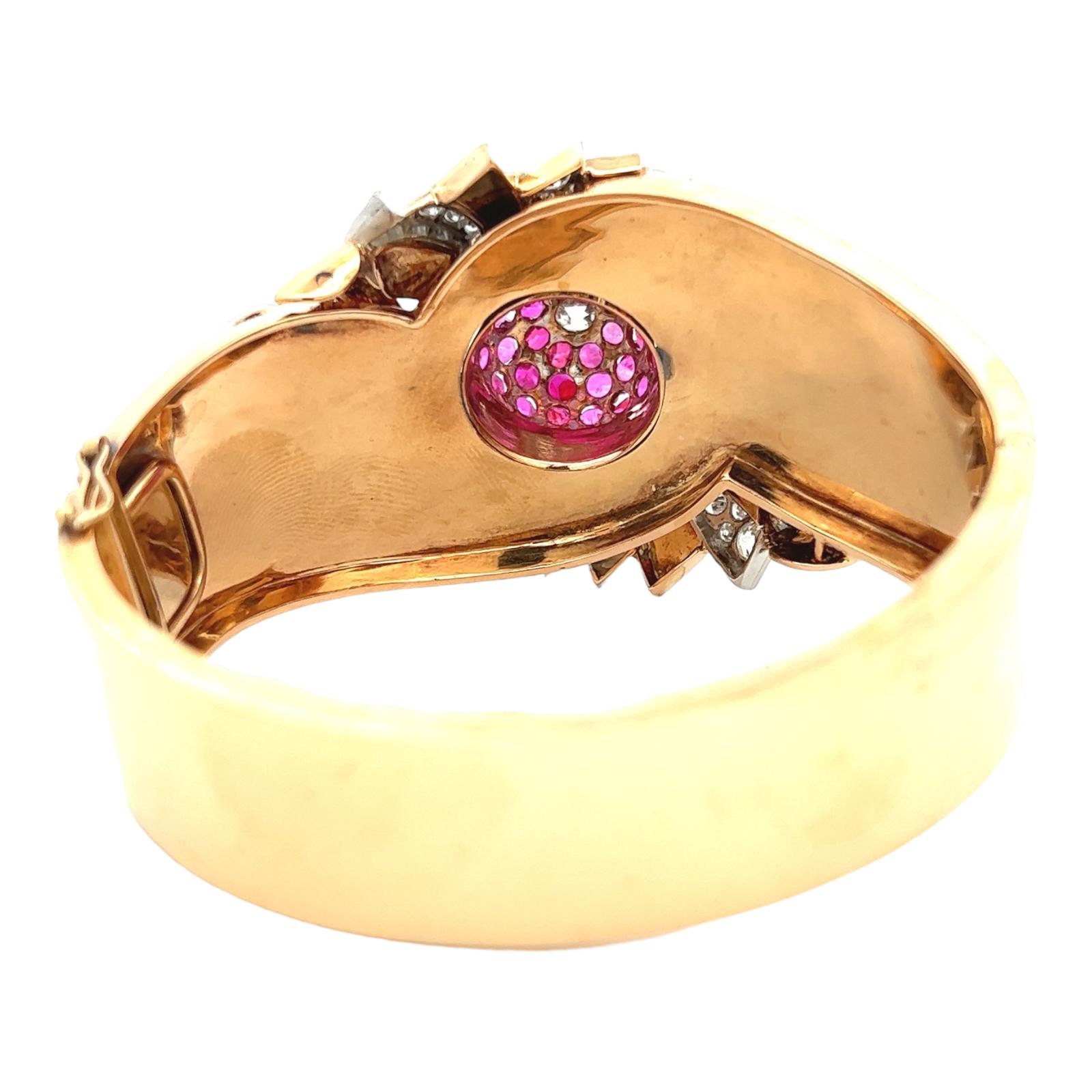 1950s Retro Diamond Ruby Rose Gold Hinged Bangle Estate Bracelet 1
