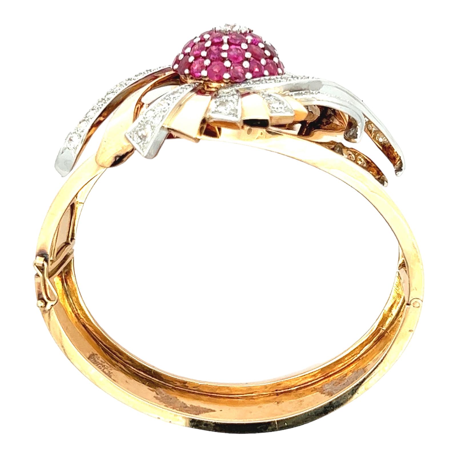 1950s Retro Diamond Ruby Rose Gold Hinged Bangle Estate Bracelet 2