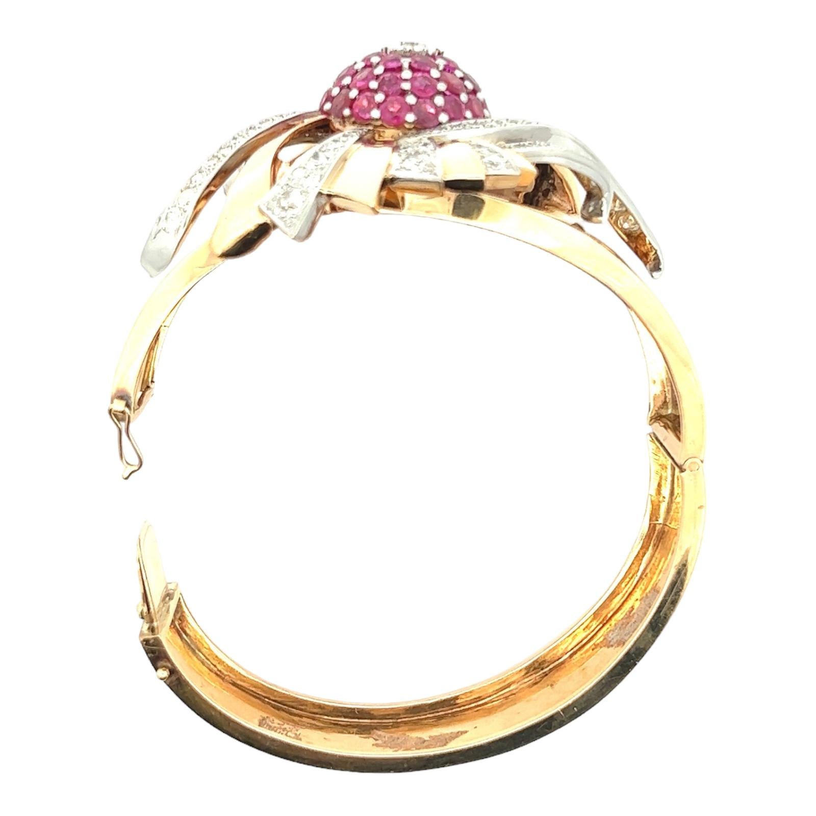 1950s Retro Diamond Ruby Rose Gold Hinged Bangle Estate Bracelet 3