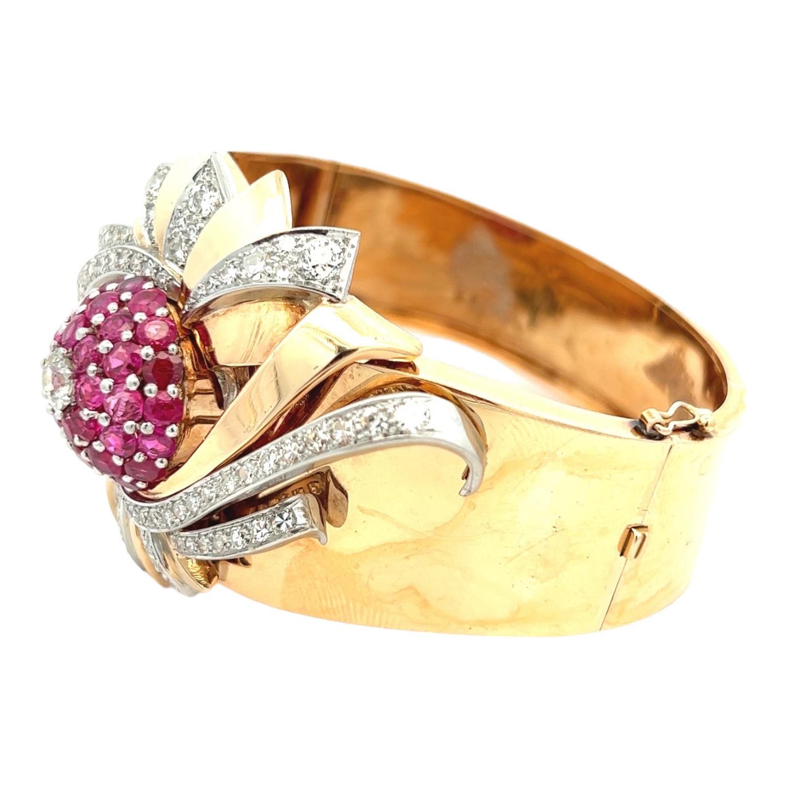 1950s Retro Diamond Ruby Rose Gold Hinged Bangle Estate Bracelet 4
