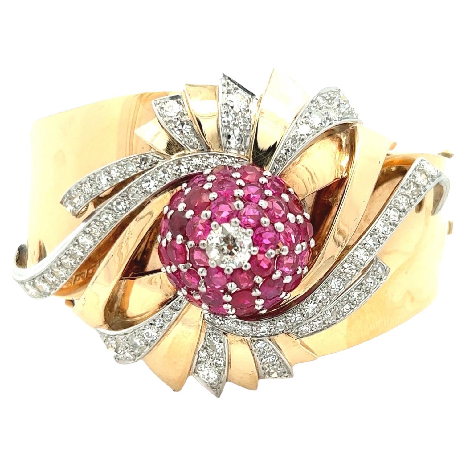 1950s Retro Diamond Ruby Rose Gold Hinged Bangle Estate Bracelet