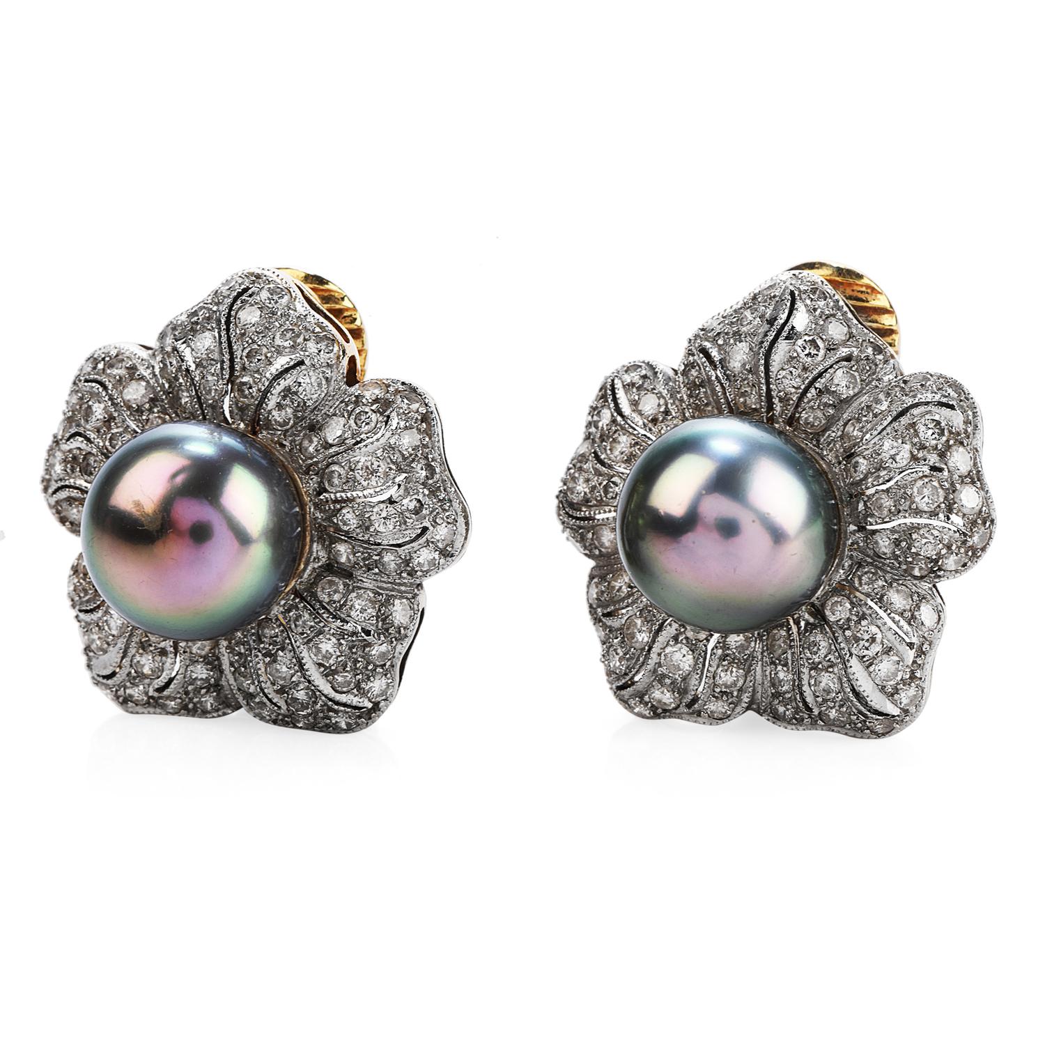 Vintage retro flower-inspired clip-on earrings, with exquisite color & shine display.

Crafted in 18K yellow & white Gold, there are 154 round-cut, pave-set, natural Diamonds weighing approximately  1.65 carats  H-I  color and VS & SI clarity