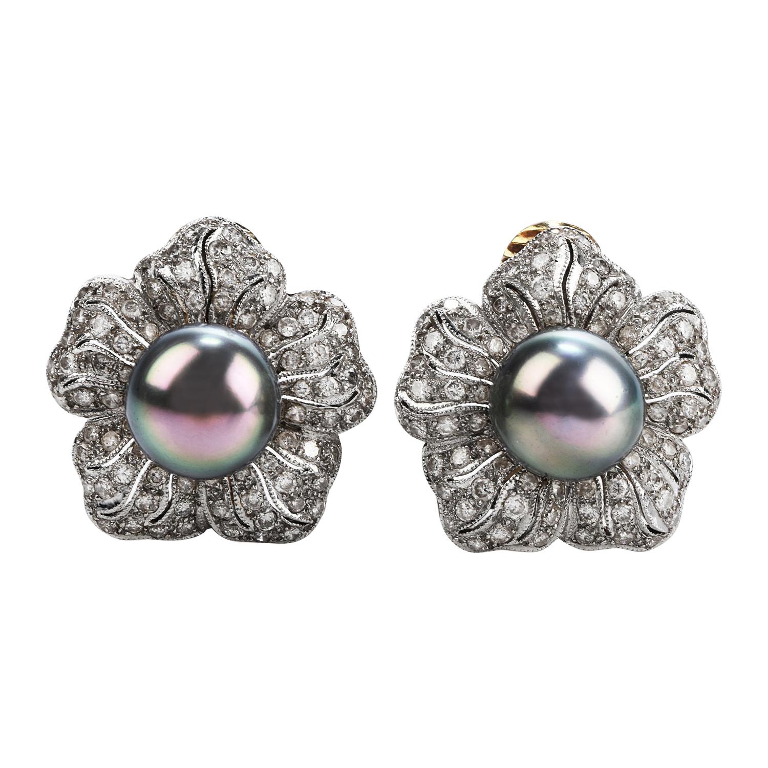 1950's Retro Diamond Tahitian Pearl 18k Gold Flower Clip Back Earrings