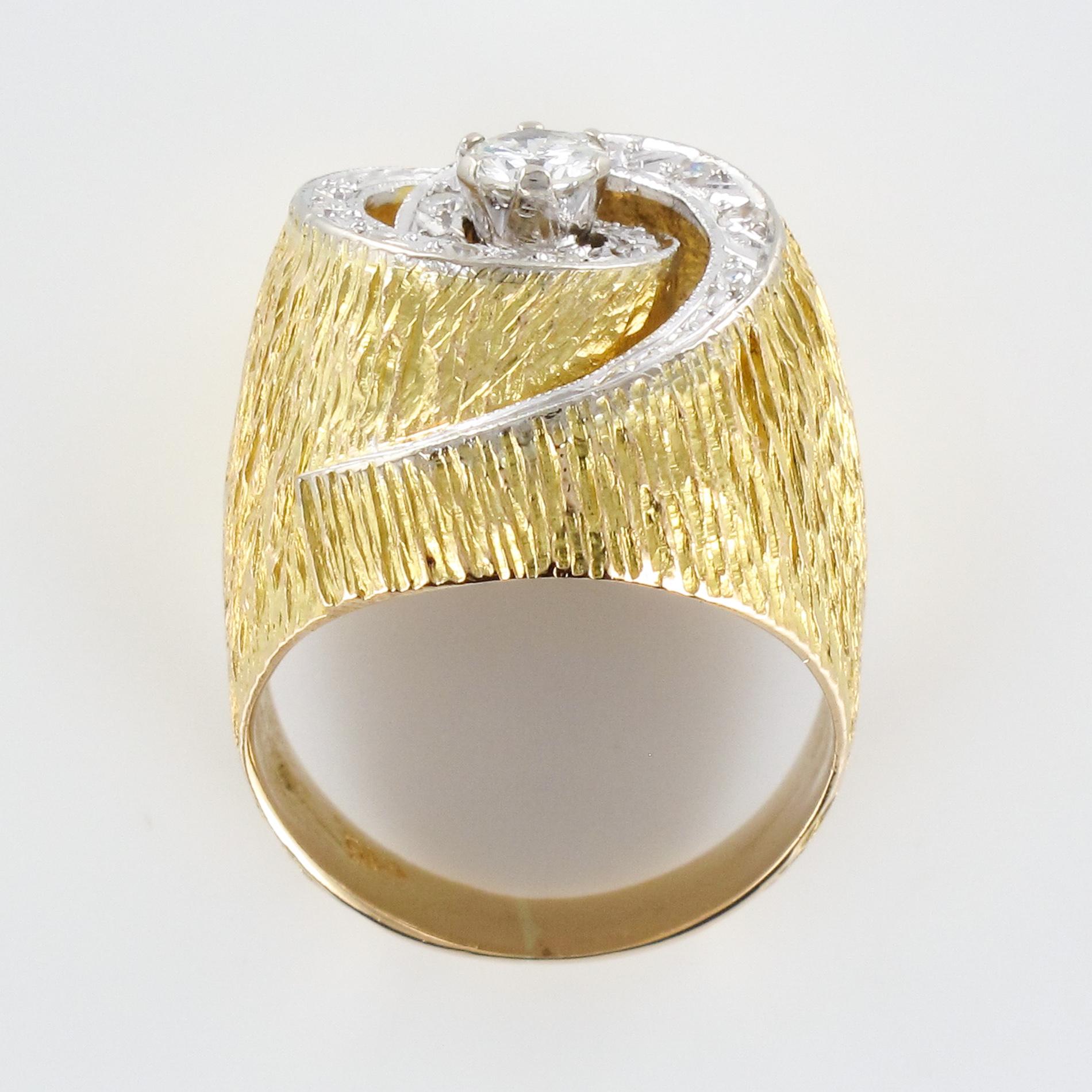 1950s Retro Diamonds 18 Karat Yellow Gold Swirl Ring For Sale 10