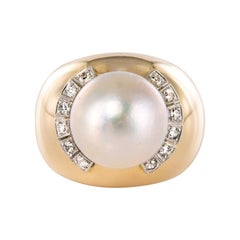 1950s Retro Diamonds Cultured Pearl 18 Karat Yellow Gold Dome Ring