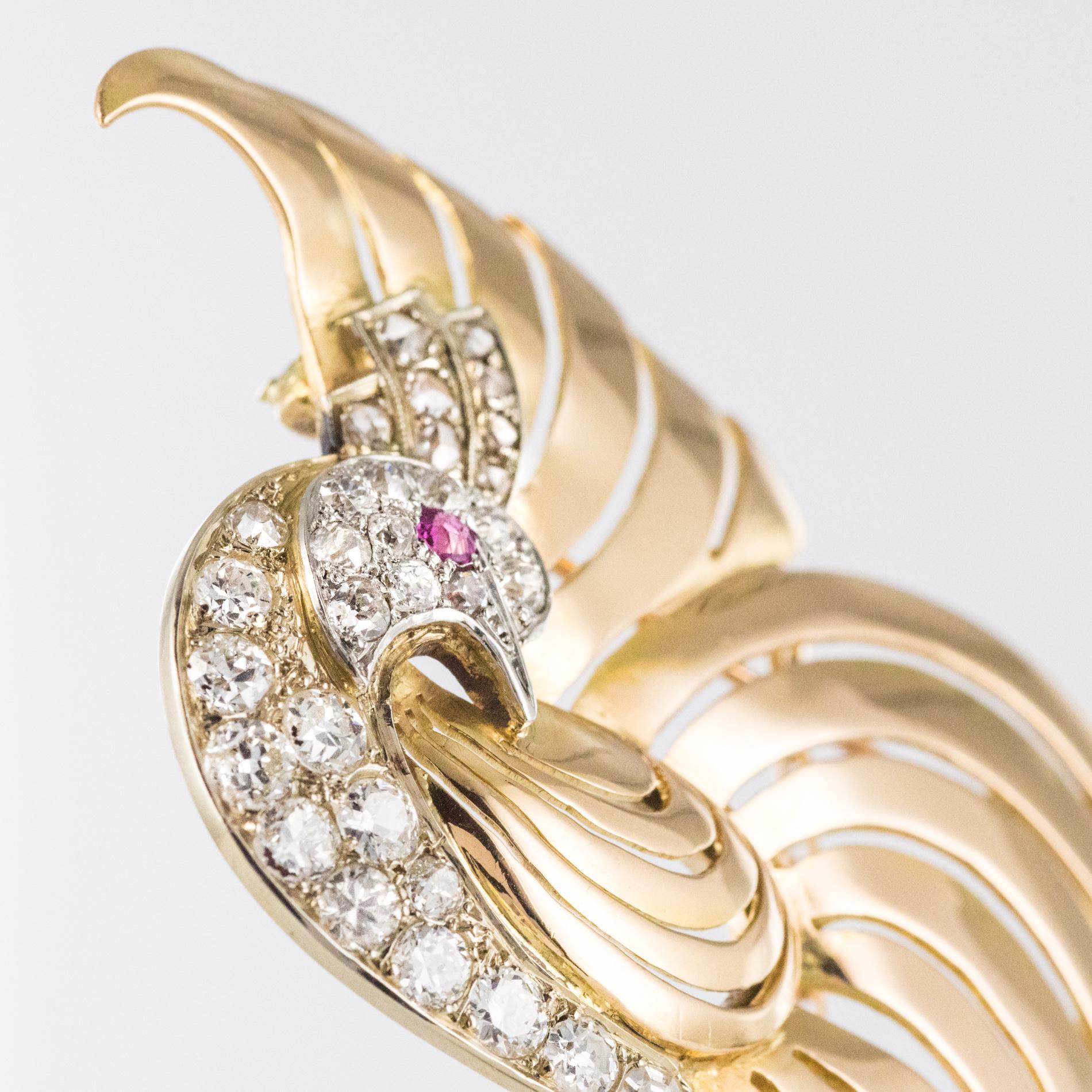 Broche rtro oiseau de paradis en or jaune 18 carats avec diamants et rubis, annes 1950 en vente 4