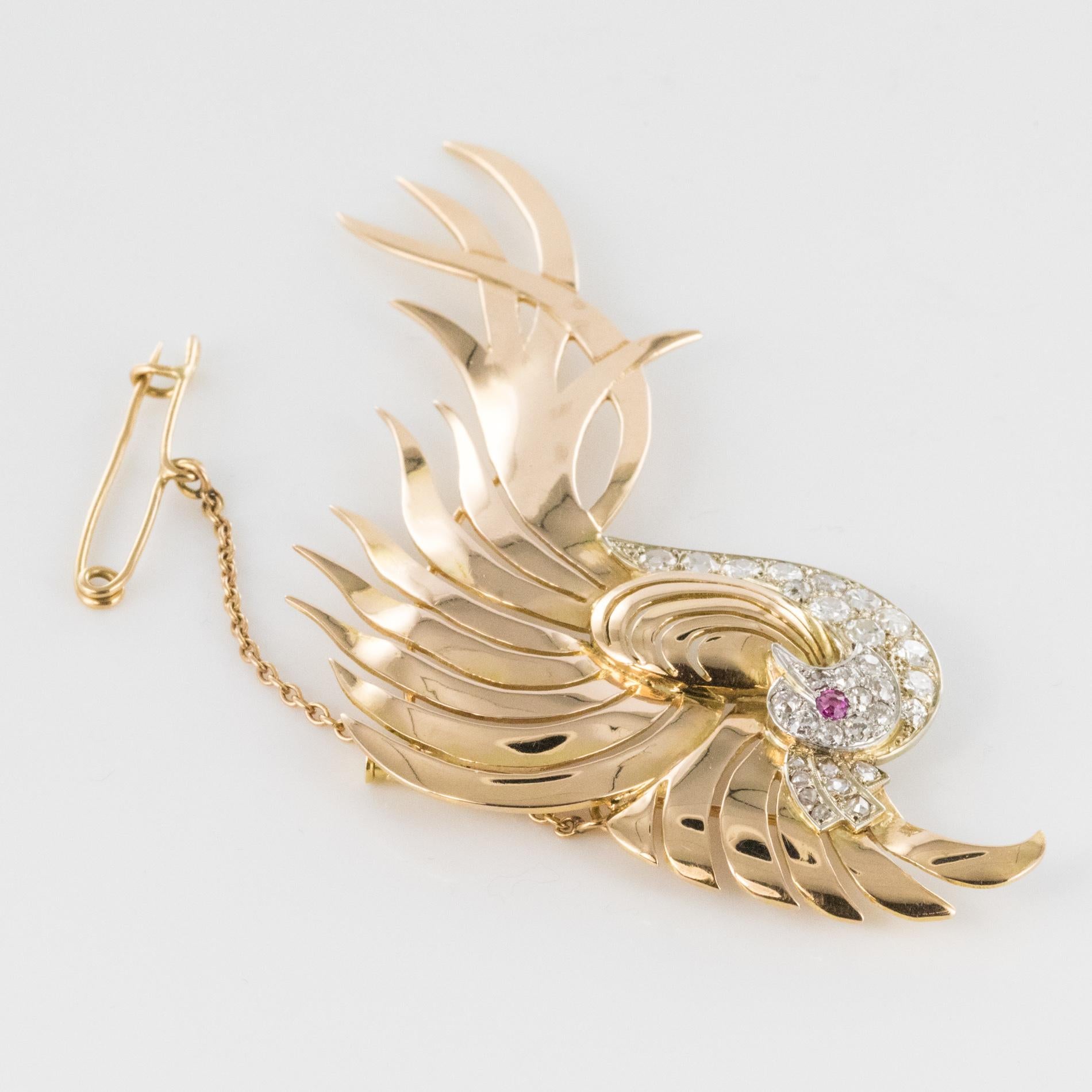 Broche rtro oiseau de paradis en or jaune 18 carats avec diamants et rubis, annes 1950 en vente 5