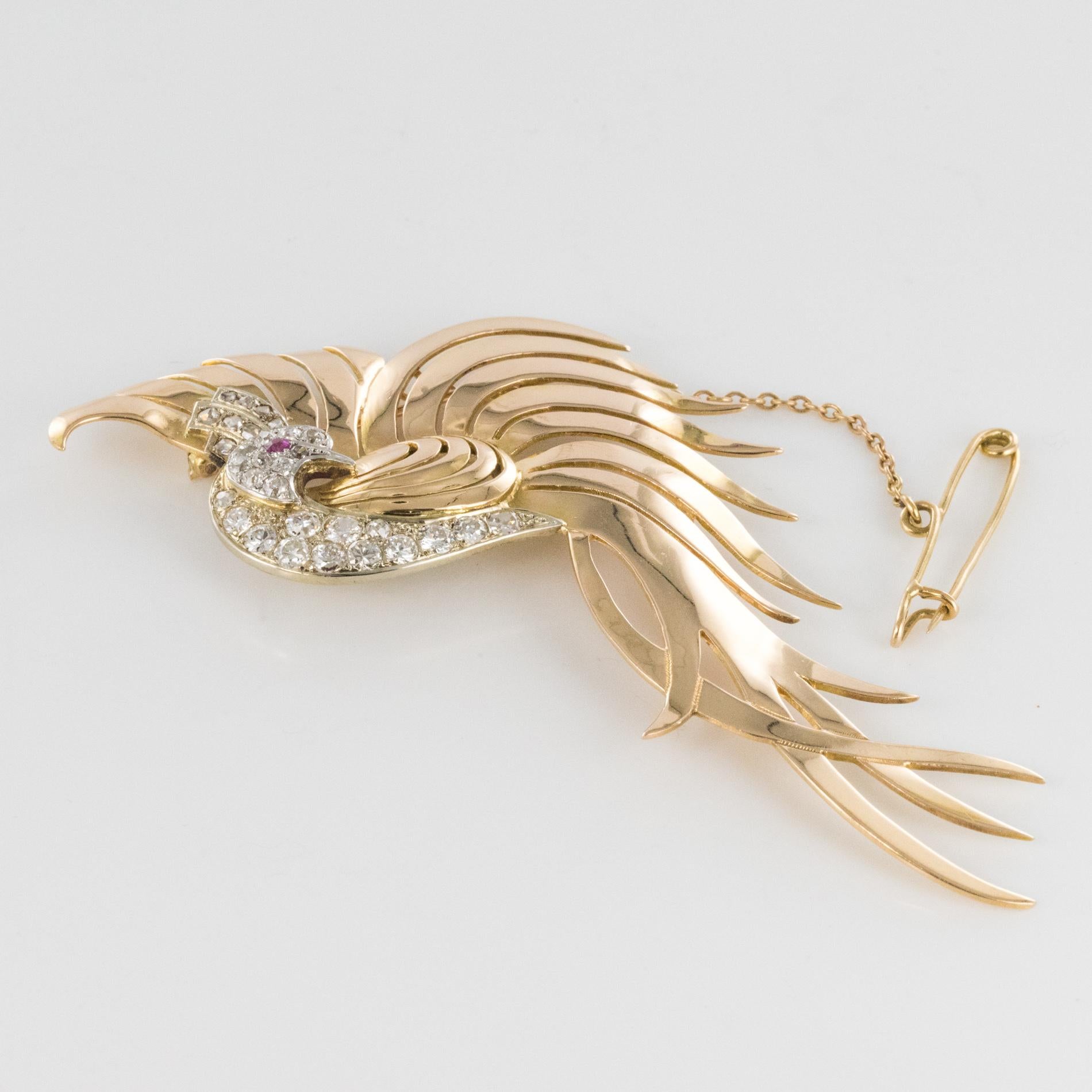 Broche rtro oiseau de paradis en or jaune 18 carats avec diamants et rubis, annes 1950 en vente 6
