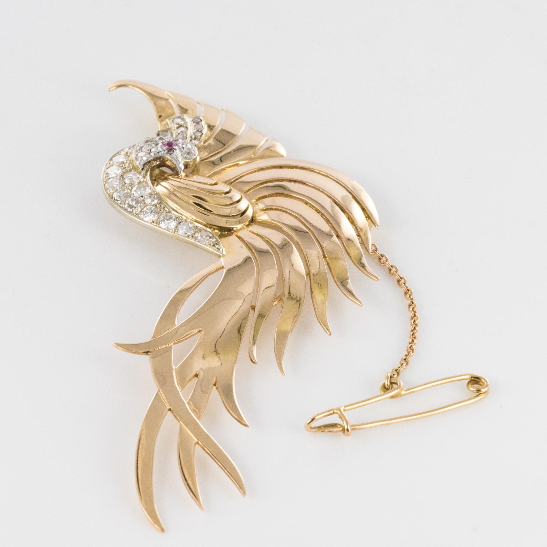 Broche rtro oiseau de paradis en or jaune 18 carats avec diamants et rubis, annes 1950 en vente 9