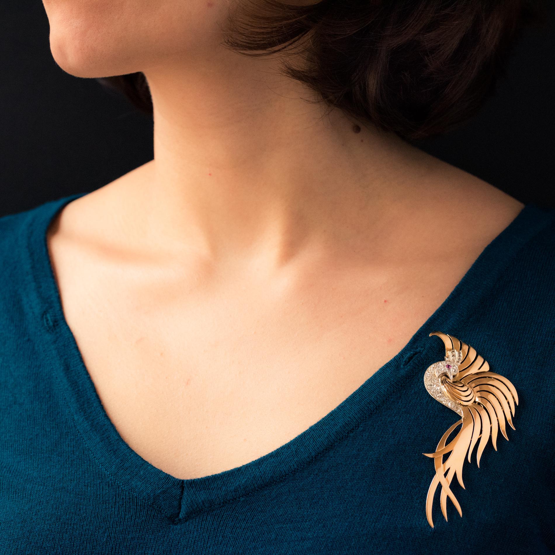 Brooch in 18 karat yellow gold, eagle's head hallmark and platinum.
This splendid bestiary brooch represents a bird of paradise whose body is set with antique brilliant-cut diamonds, with a ruby eye. The whole body is surrounded by openwork plumage.