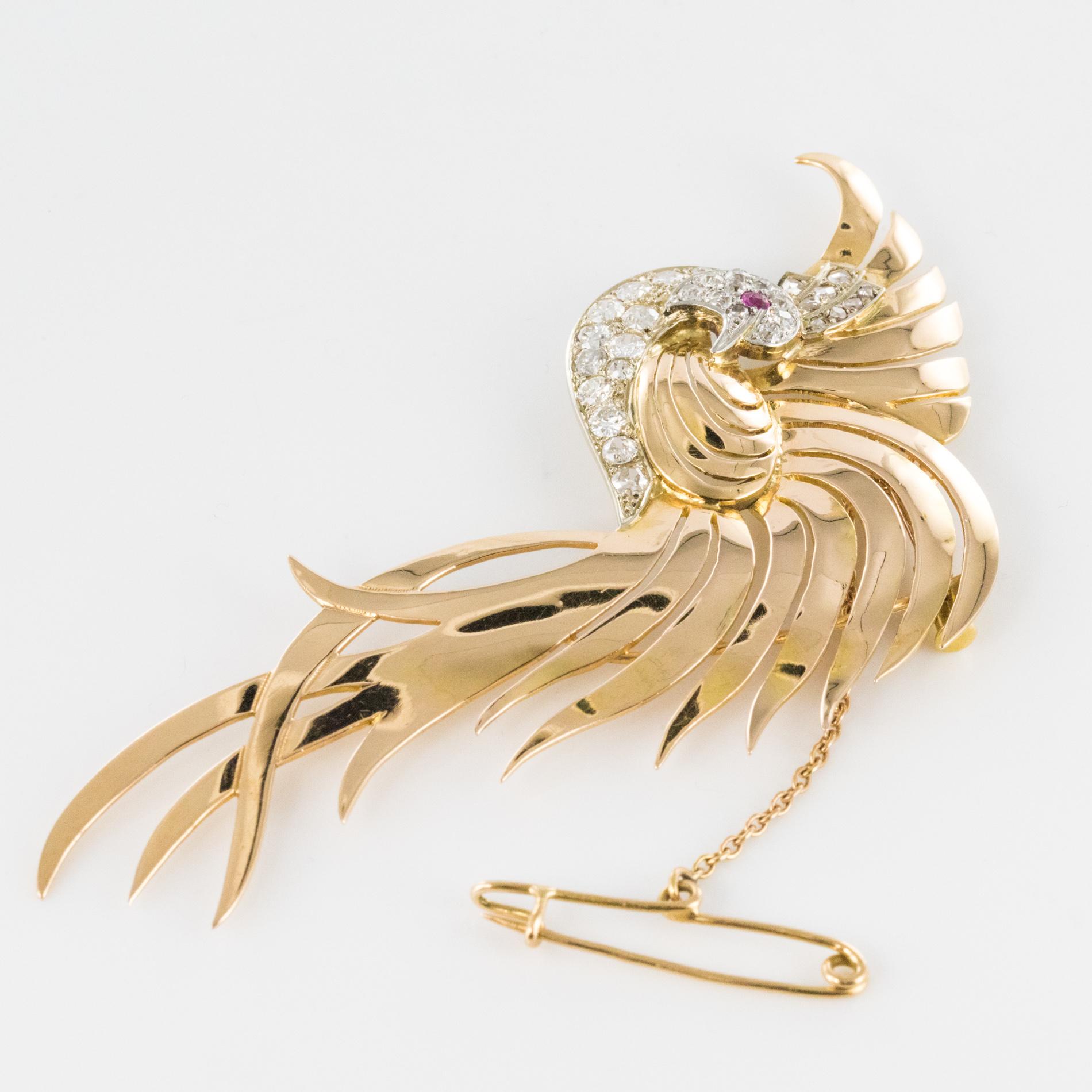 Women's 1950s Retro Diamonds Ruby 18 Karat Yellow Gold Bird of Paradise Brooch For Sale