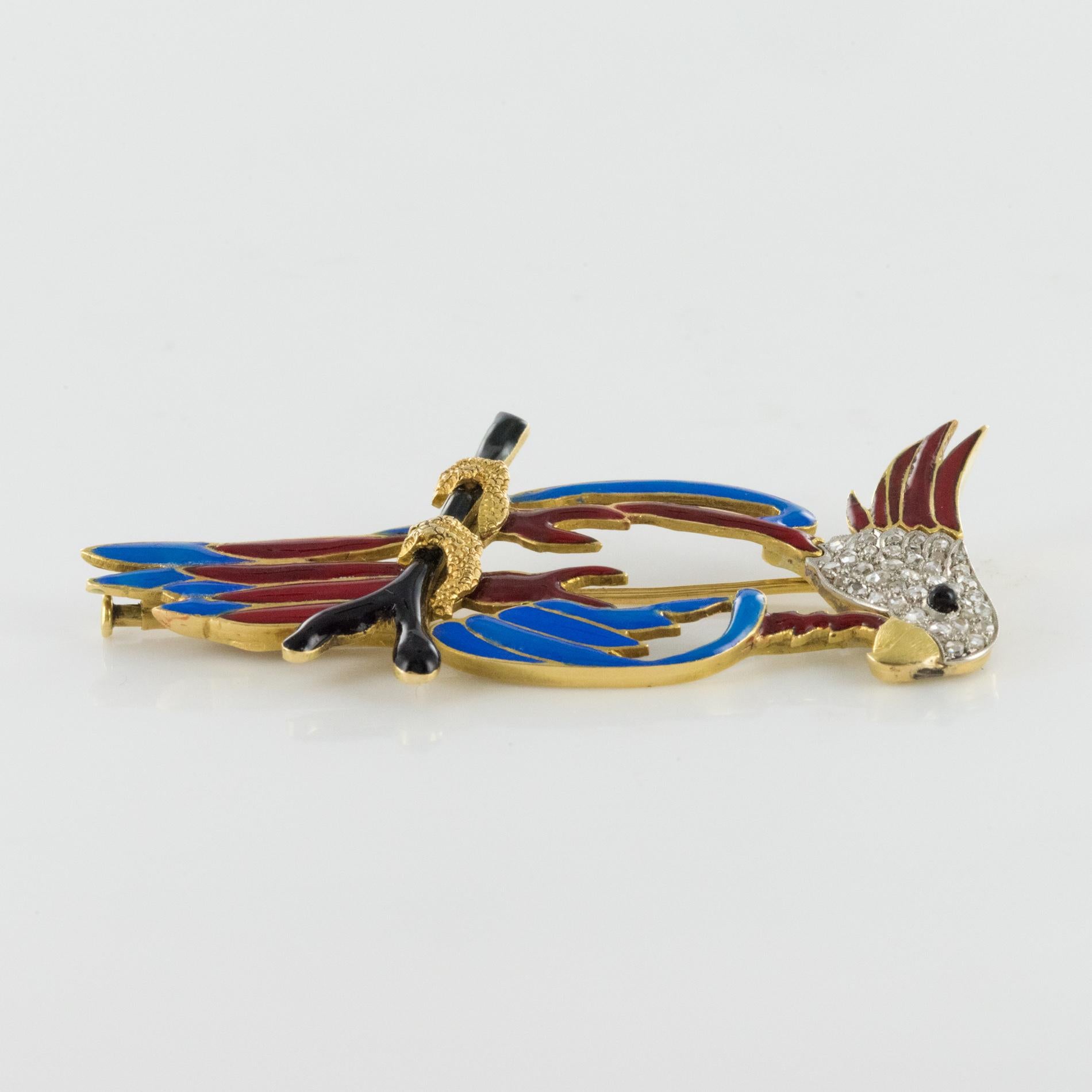 1950s Retro Enamel Diamonds 18 Karat Yellow Gold Parrot Brooch For Sale 8