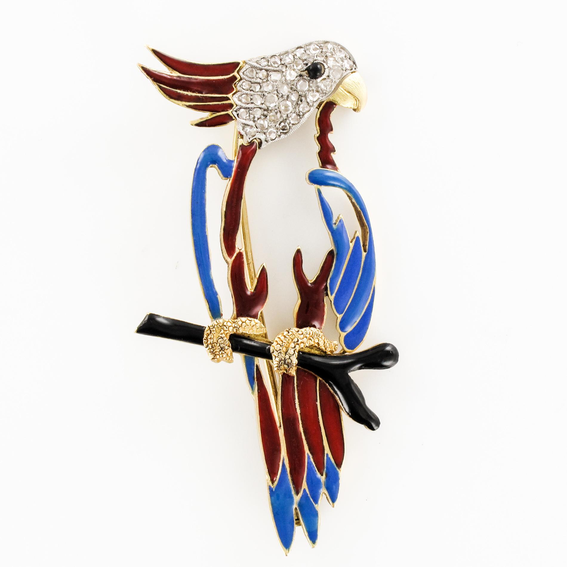 1950s Retro Enamel Diamonds 18 Karat Yellow Gold Parrot Brooch For Sale 12