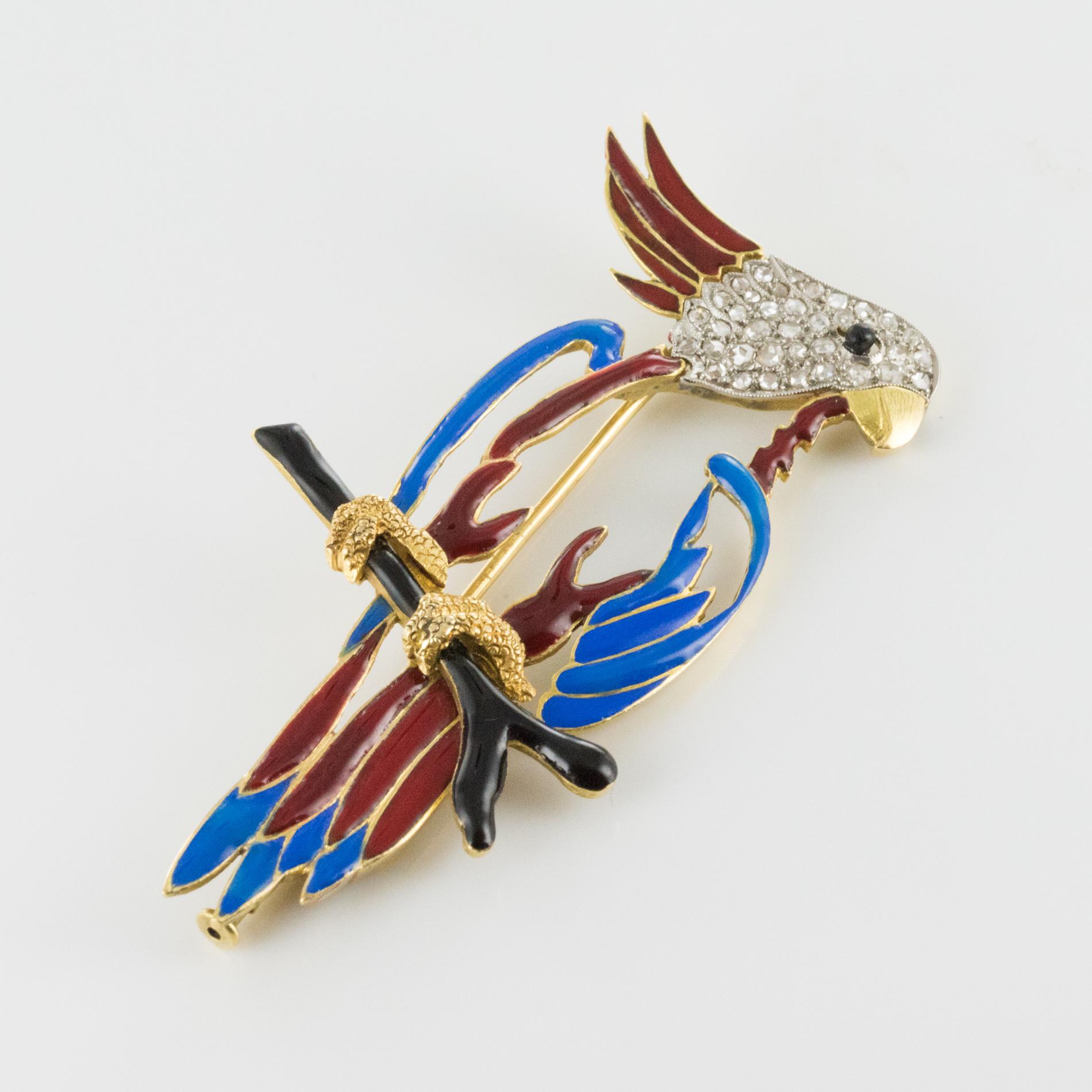 1950s Retro Enamel Diamonds 18 Karat Yellow Gold Parrot Brooch For Sale 1