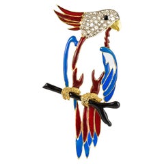 1950s Retro Enamel Diamonds 18 Karat Yellow Gold Parrot Brooch