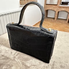 1950s Retro High Quality Black Leather and Brass Italian Evening hand-Bag
