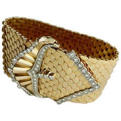 1950s French Retro Diamond Yellow Gold Platinum Cuff Bracelet